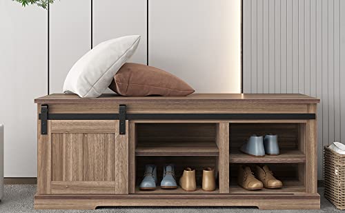 DERCASS Storage Bench Cabinet with Sliding Door & Adjustable Shelves - Antique Gray Entryway Shoe Organizer | Perfect for Hallway, Mudroom & Closet Organization