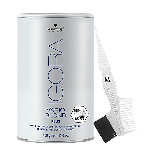 Igora Vario Blond Plus Lightening Powder - Blue Dust-Free 450g & M Hair Designs Tint Brush Comb White (2-Piece Hair Bleaching Kit) for Salon Professionals & DIY Hair Lightening at Home