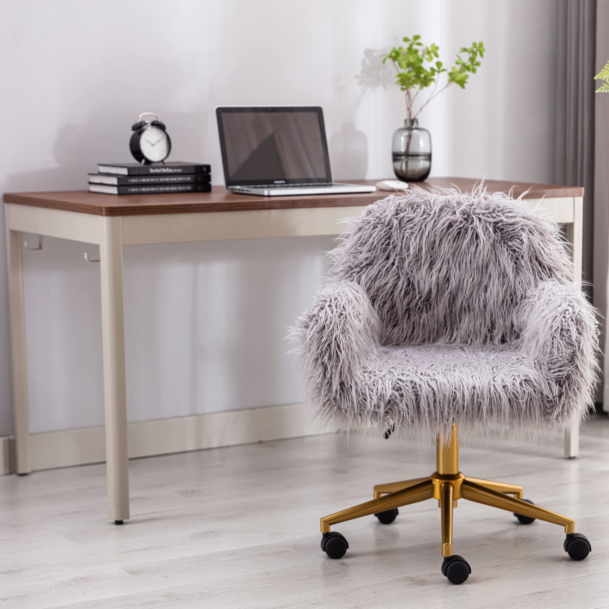 HomVent Faux Fur Office Chair with Wheels & Armrest - Modern Vanity Makeup Chair for Women, Girls Bedroom, Living Room & Home Office - Soft Grey Accent Chair for Working, Studying & Beauty Routines
