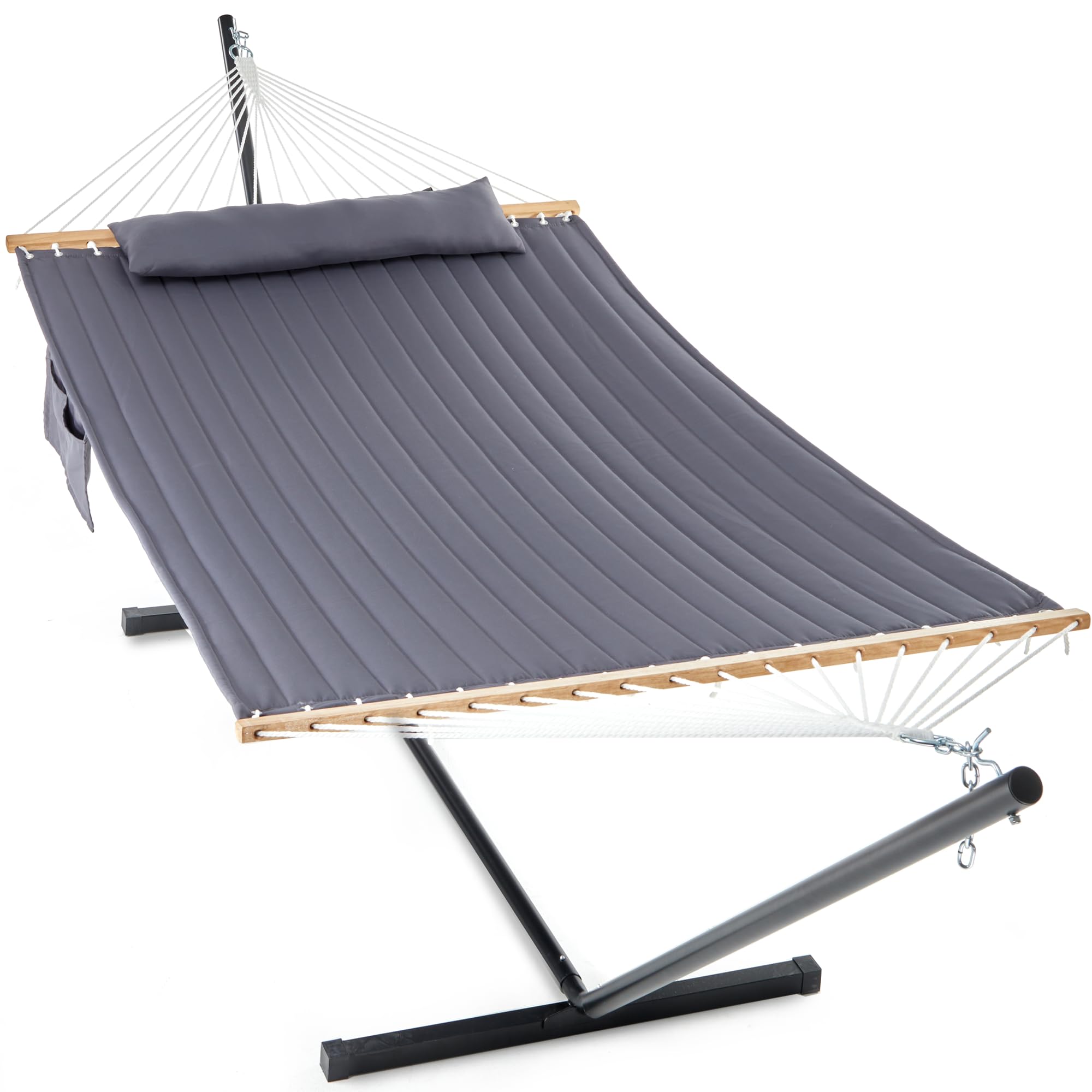 2 Person Hammock with Stand for Outdoor Camping & Backyard Relaxation - 12ft Heavy Duty Steel Frame, Double Hammock with Hardwood Spreader Bar - Includes Large Removable Pillow & Side Pockets - Supports 475 lbs - Perfect for Patio, Garden, Beach & Travel (Light Gray)