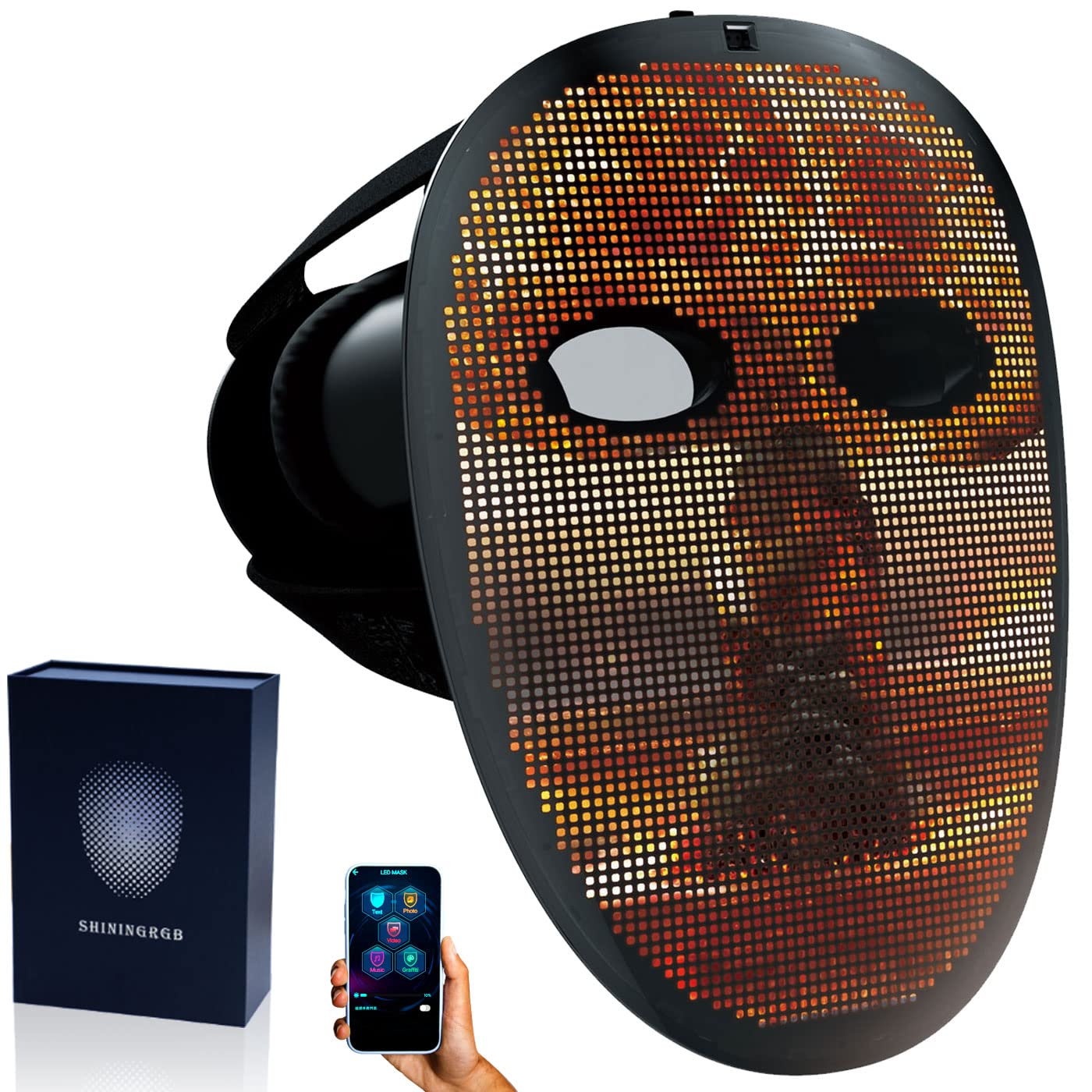 Programmable MEGOO LED Mask HD with Shining RGB Lights - Glow Face Mask for Halloween, Masquerade Parties, Cosplay & Rave Events | Perfect for Nighttime Festivals, Concerts and Themed Costume Parties
