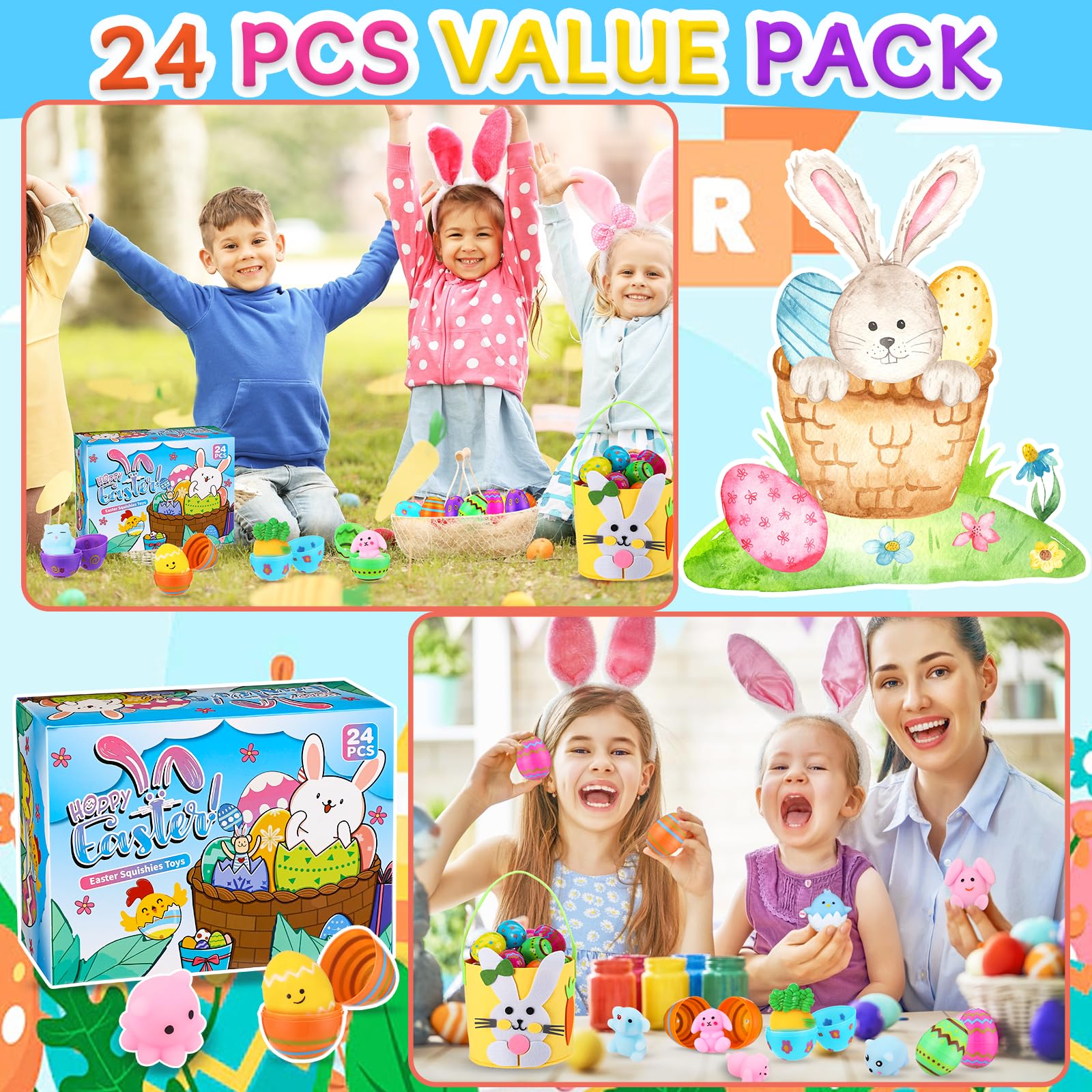 24Pcs Mochi Squishy Toys - Easter Egg Hunt Basket Fillers, Stress Relief Sensory Toys for Kids, Easter Party Favors & Classroom Prizes - Perfect for Easter Celebrations, Birthday Gifts and Sensory Play Therapy