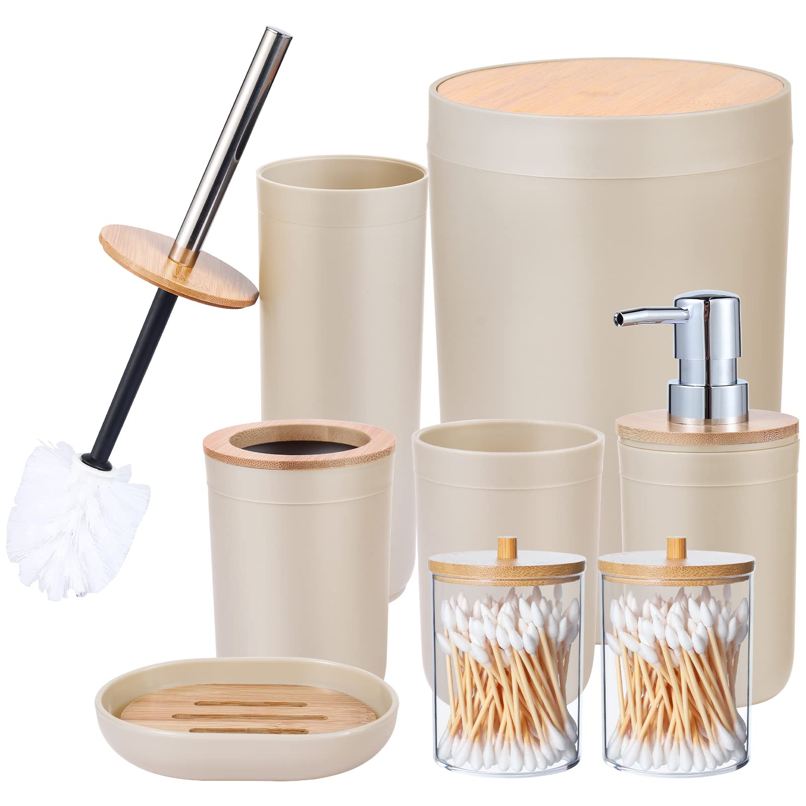 iMucci 8-Piece Bathroom Accessories Set - Bamboo Covered Trash Can, Toothbrush Holder, Soap Dispenser, Tumbler Cup & Lotion Bottle (Beige) | Modern Vanity Organization for Bath, Powder Room & Guest Bath Decor