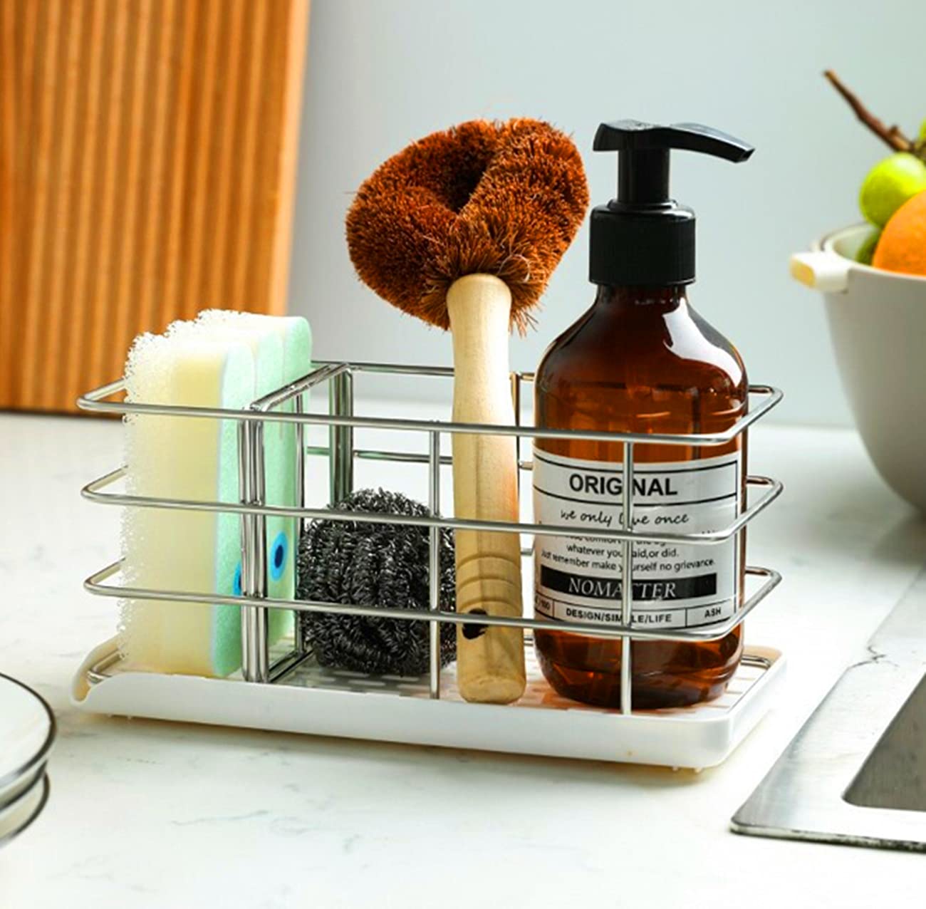 Stainless Steel Kitchen Sink Sponge Holder & Dish Brush Organizer - Rustproof Sink Caddy with Drainage Holes for Sponges, Soap & Cleaning Tools - Perfect for Kitchen, Bathroom, RV & Office Sink Organization