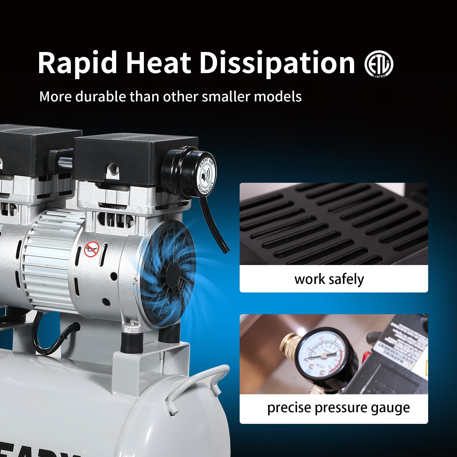 8 Gallon Portable Air Compressor 1HP 2.5 CFM@90PSI - Ultra Quiet 60dB Oil-Free Air Pump for Tires, Pneumatic Tools & Spray Painting - Perfect for Home Garage, Auto Repair & DIY Projects
