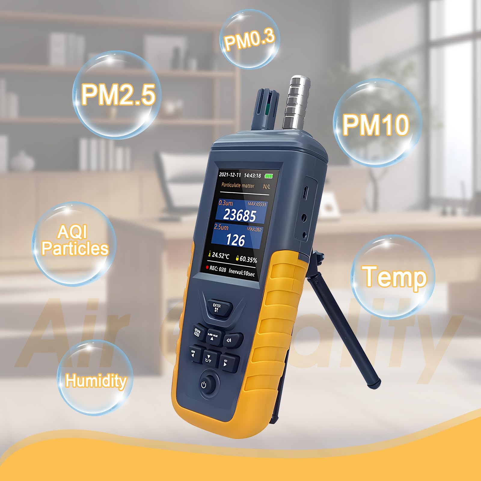 **Air Quality Monitor - PM0.3/2.5/10μm Particle Counter with Temperature & Humidity Sensor | High Sensitivity 3-Channel (0-1000μg/m³) | USB Rechargeable | Ideal for Home, Office & Travel**