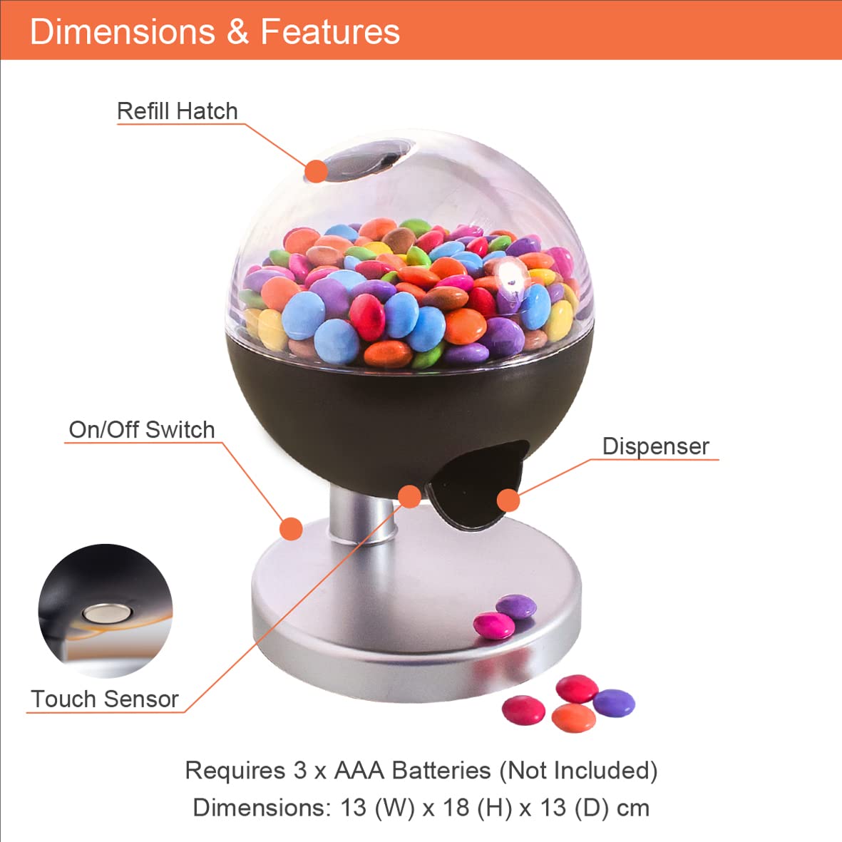 Global Gizmos Touch Activated Candy Dispenser Ball - Fun Interactive Treat Dispenser for Parties, Halloween & Office Snacks