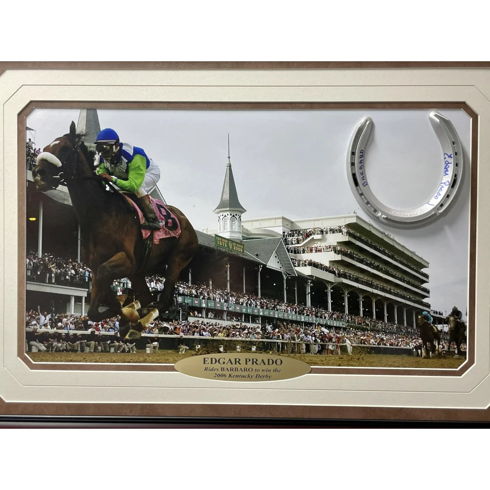 Edgar Prado Autographed Barbaro Horse Racing Photo - Framed Collage with JSA COA & Signed Horseshoe - Perfect for Sports Memorabilia Collectors and Horse Racing Fans