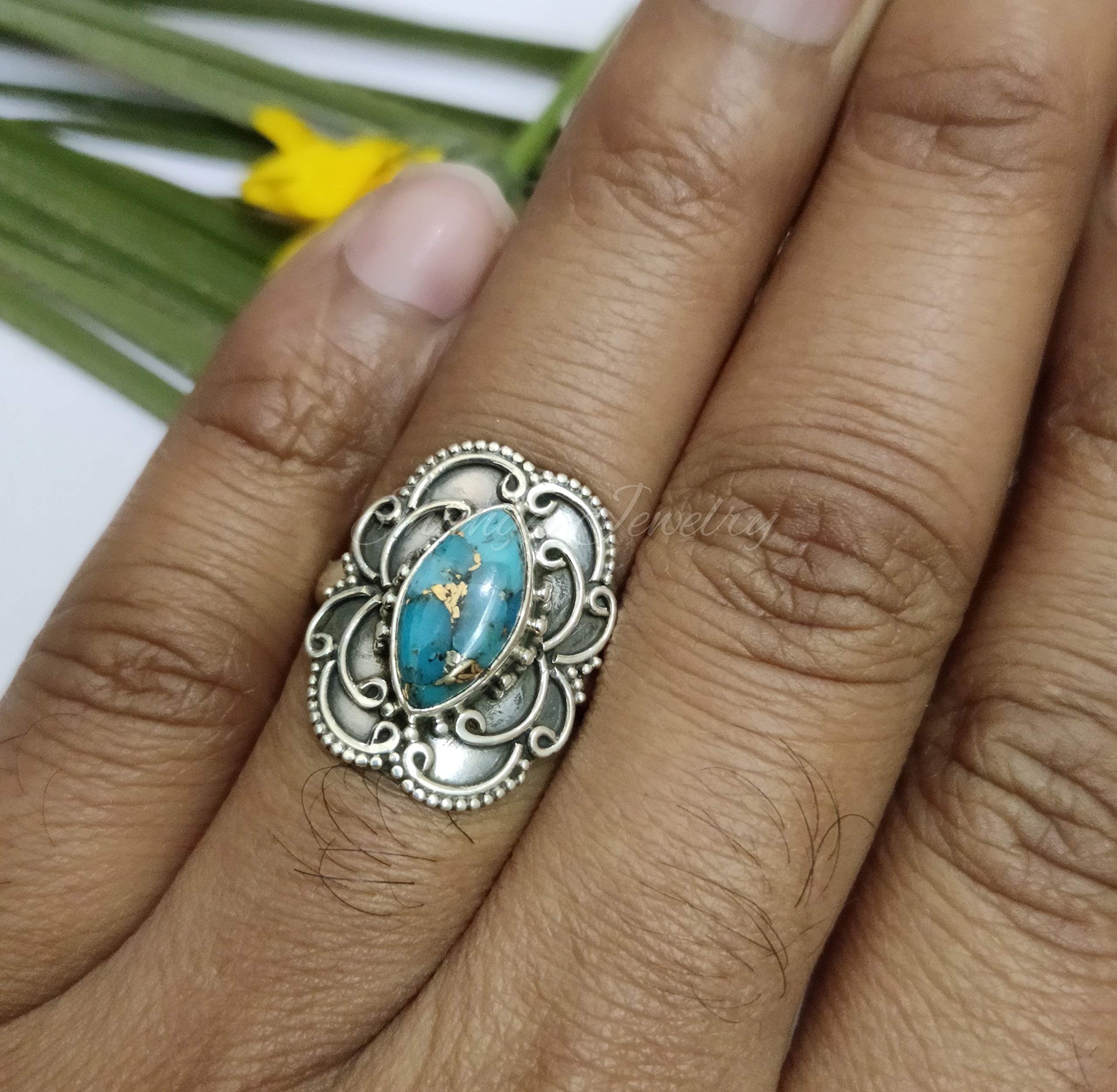 Blue Copper Turquoise Sterling Silver Ring | Boho Dainty Statement Jewelry | Natural Gemstone Oxidized Vintage Southwestern Ring | Perfect for Casual Wear, Festivals & Gift Giving