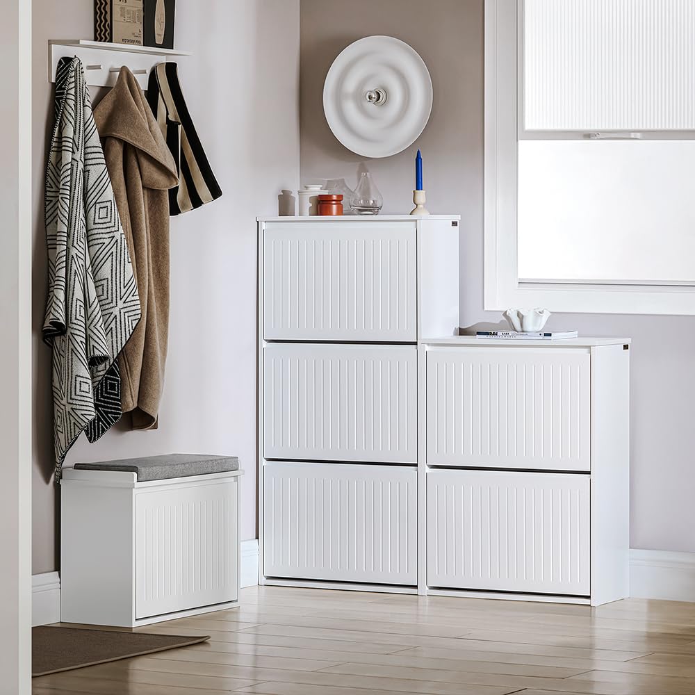 3-Tier Flip-Drawer Shoe Storage Cabinet - Freestanding Shoe Organizer for Entryway & Narrow Hallway - White Shoe Rack for Small Spaces - Perfect for Apartments, Dorm Rooms & Closet Organization