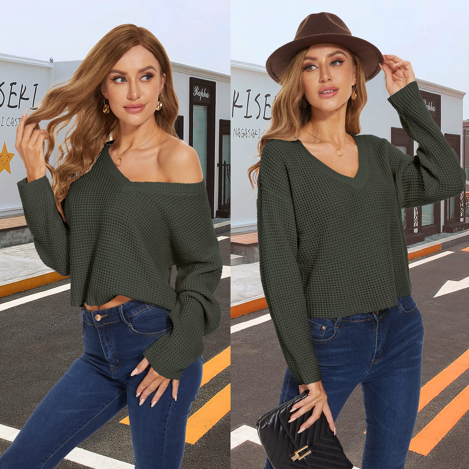 Jumppmile Women's V-Neck Waffle Knit Cropped Top - Long Sleeve Pullover Crop Sweater for Fall & Winter | Casual Outfit, Layering, Office Wear