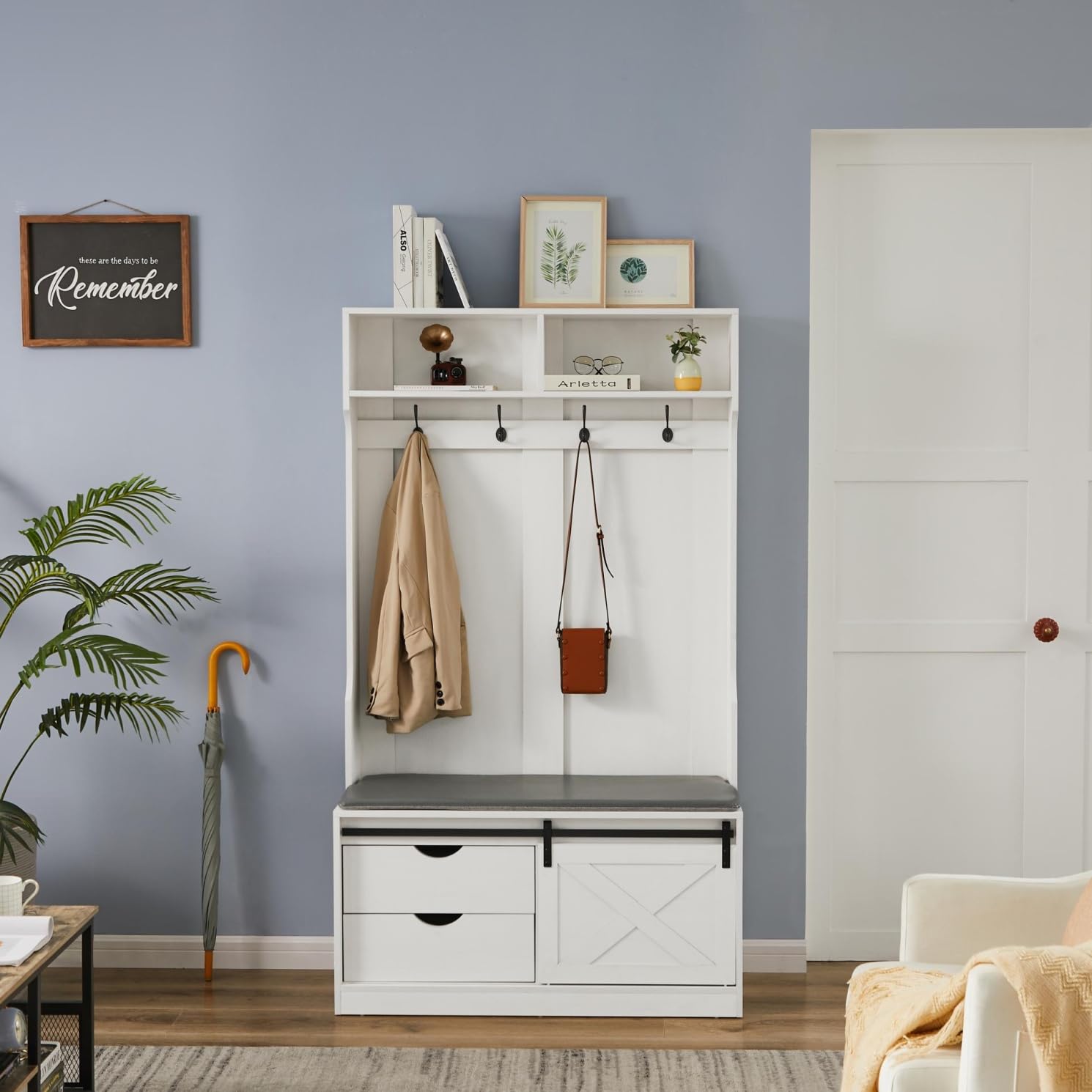 Multi-Functional Shoe Cubby Hall Tree with Bench, Coat Hooks & Storage Cabinet - Space-Saving Entryway Organizer for Mudroom, Living Room & Home Entry (Perfect for Shoes, Coats & Accessories Storage)