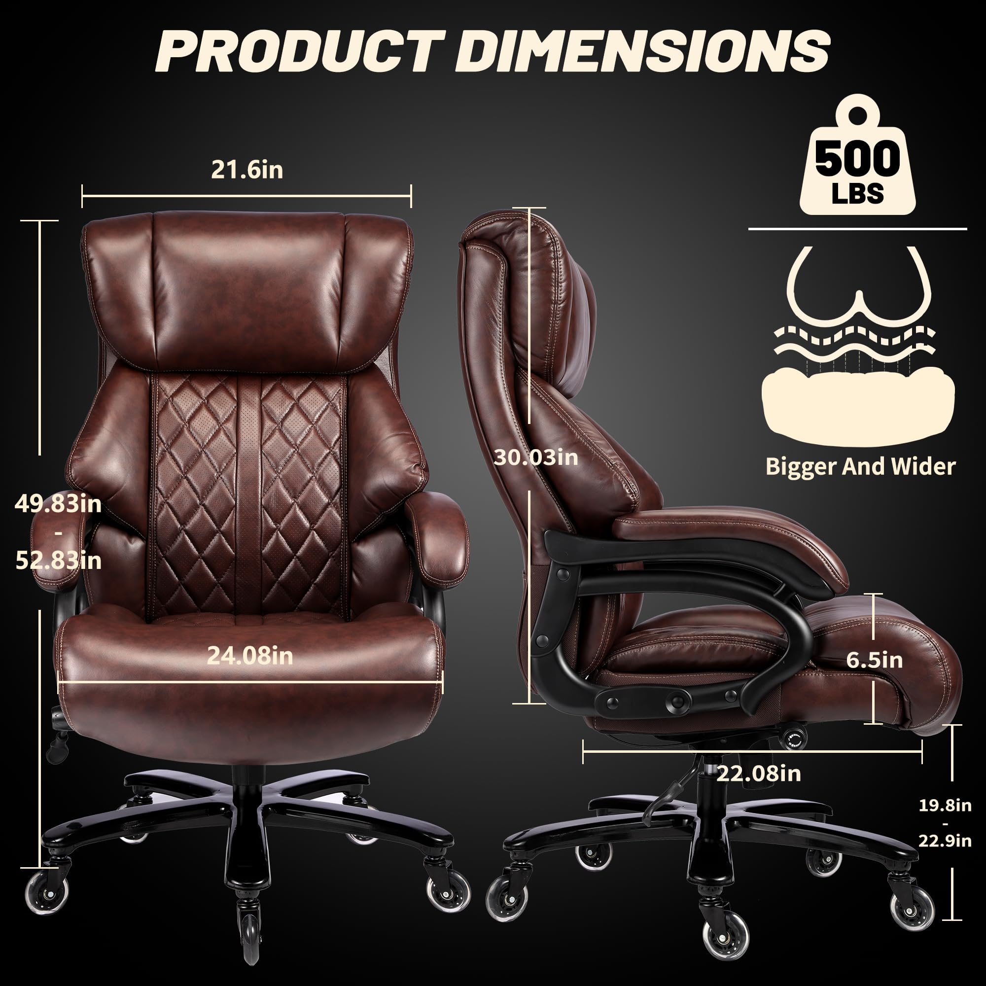 Premium 500lbs Big and Tall Executive Office Chair - Heavy Duty Leather Desk Chair with Adjustable Lumbar Support & Quiet Rubber Wheels - Ergonomic Computer Chair for Large Adults - Perfect for Home Office, Conference Rooms & Executive Suites (Brown)