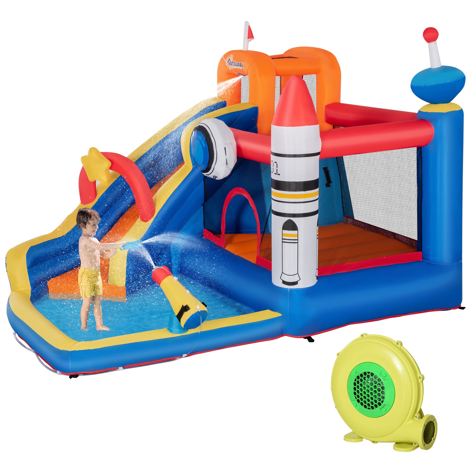 Outsunny 5-in-1 Inflatable Bounce House with Water Slide, Pool, Water Cannon & Climbing Wall - Kids Outdoor Water Play Toy for Backyard, Birthday Parties & Summer Fun - Includes Air Pump (Jumping Castle)