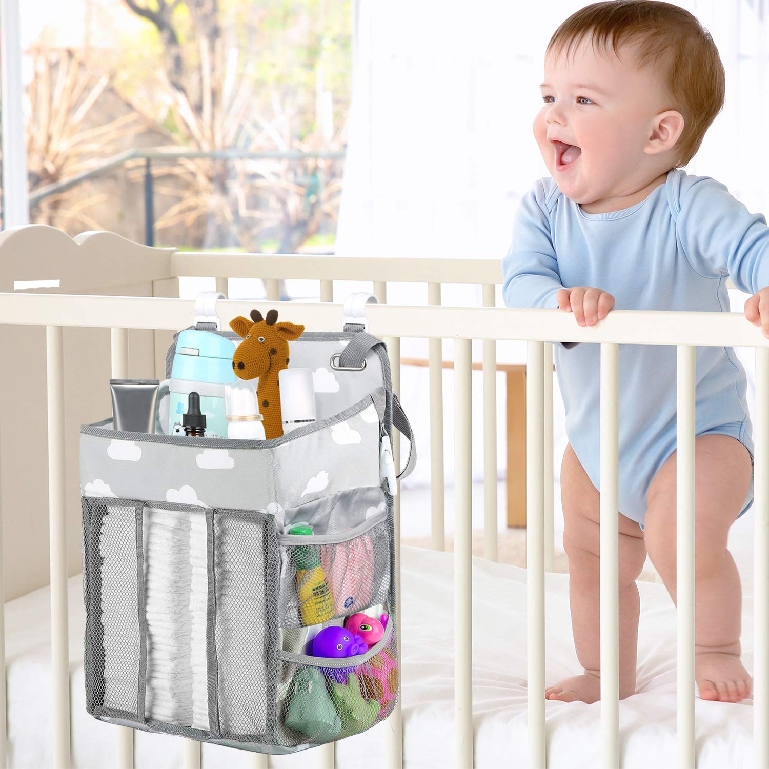 Hanging Diaper Caddy Organizer for Baby Nursery - Grey Storage Bag with Multiple Pockets for Diapers, Wipes & Baby Essentials | Perfect for Crib, Changing Table, Playard & Wall Mount | Ideal Baby Shower Gift & Bedside Organizer