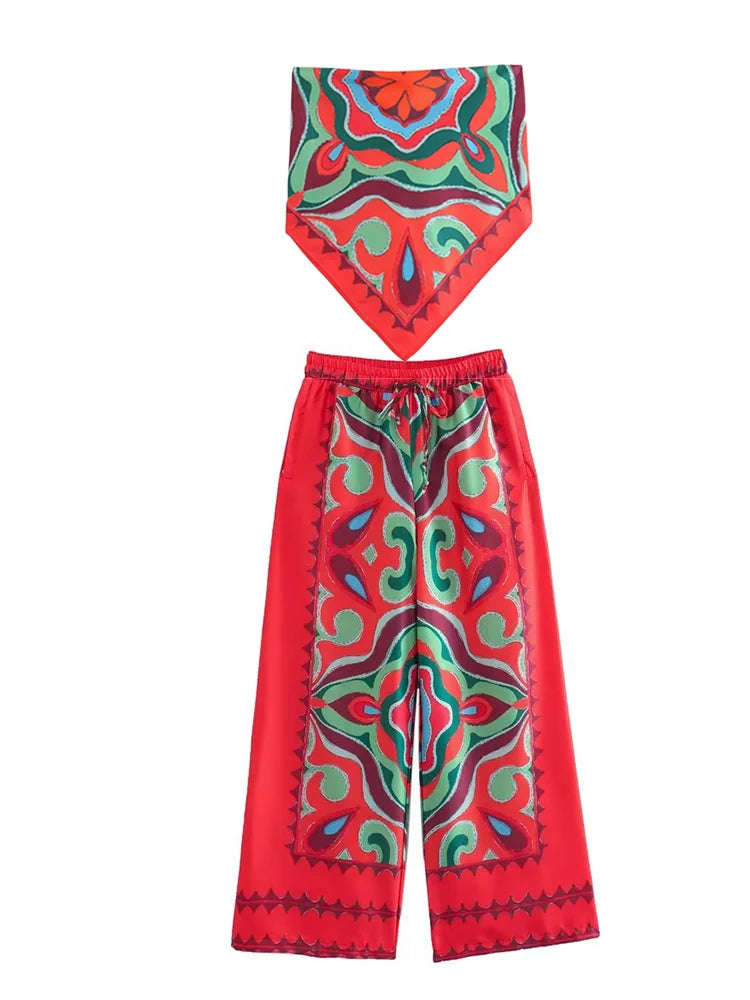 BlingBlingee Summer Printed Women's Wide Leg Pants & Satin Crop Top Set - Y2K Fashion Asymmetric Sleeveless Strapless Outfit for Beach, Party & Casual Wear