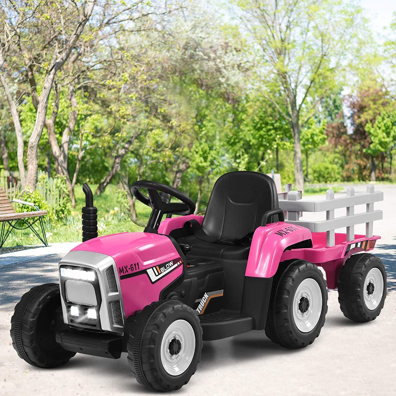 GLACER 12V Battery Powered Kids Ride on Tractor with Trailer - Remote Control Electric Toy Car with 3-Speed Gear Shift, LED Lights, Music & USB Port - Pink Ground Loader Tractor for Outdoor Play, Backyard Fun & Birthday Gifts for Toddlers Ages 2-5 Years