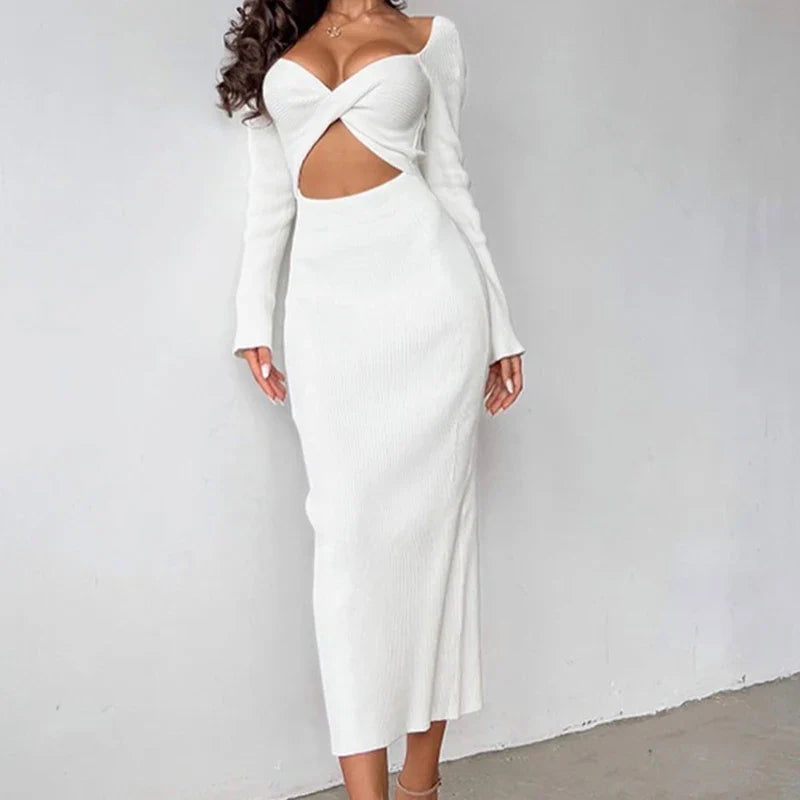 Elegant White Ribbed Fabric Dress - Long Sleeve O-Neck Hollow High Waist Slim Fit Crop Top with Knee Length Skirt | Perfect for Fall Fashion, Date Nights & Office Wear