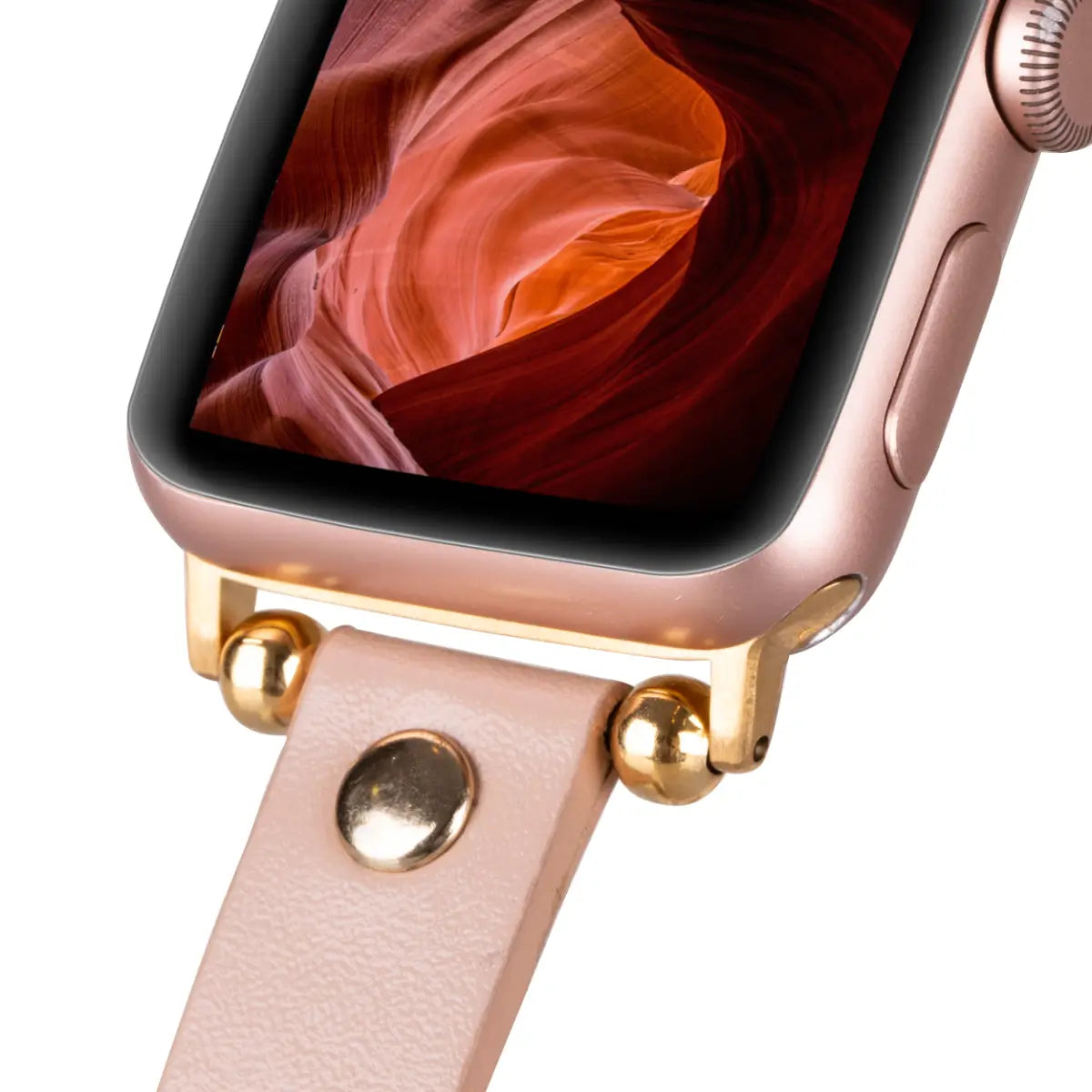Ultra Slim Nude Pink Leather Apple Watch Band with Gold Rivet - Stylish & Comfortable for Women, Perfect for Workouts, Office & Everyday Wear
