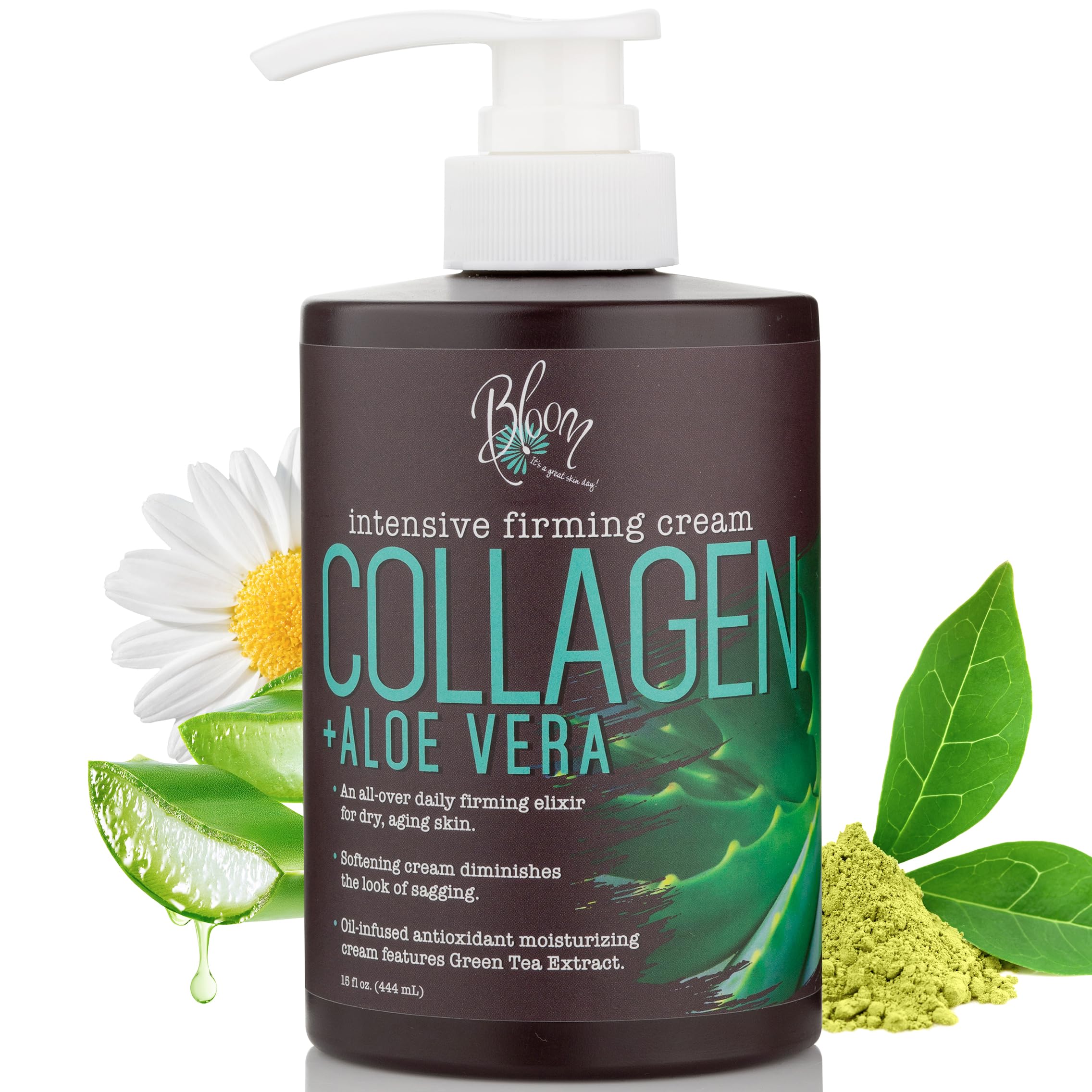 BLOOM Collagen Cream + Aloe Vera Moisturizer - Hydrating Body Lotion & Face Cream for Dry Skin | Skin Tightening & Firming Treatment | 15 Oz | Perfect for Daily Skincare Routine & Post-Workout Recovery