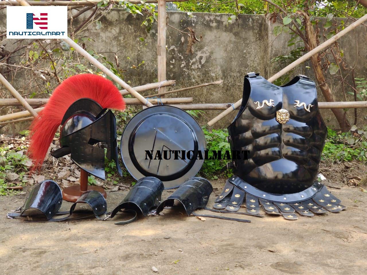 Medieval Roman King Leonidas 300 Spartan Helmet with Red Plume - Full Muscle Armor Set with Shield & Leg Guards | Historical Reenactment, Cosplay & Halloween Costume | by NauticalMart