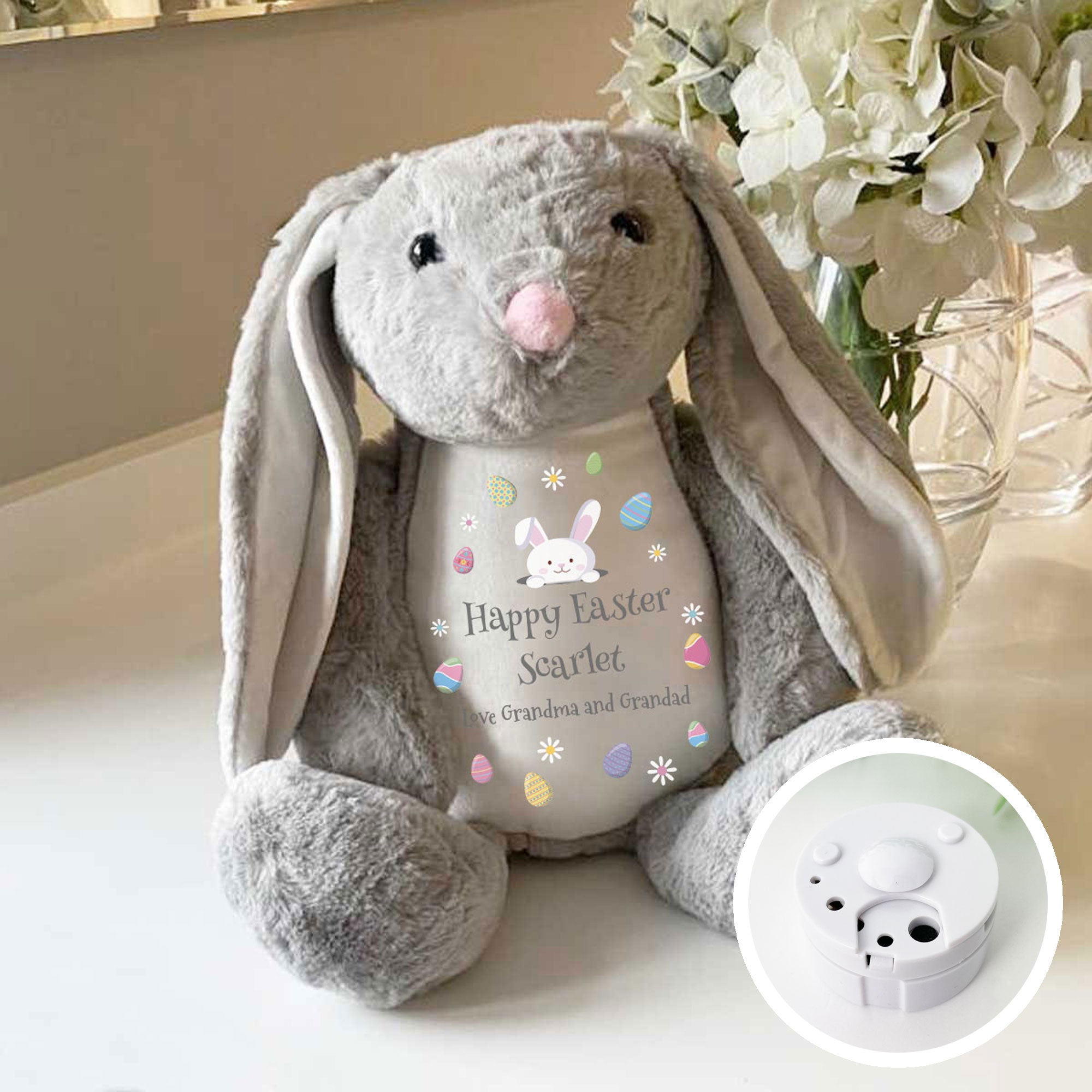 Personalized Voice Message Easter Bunny Plush Toy - Grey - Record & Play Custom Greetings for Easter Gifts, Kids' Surprise & Holiday Decor