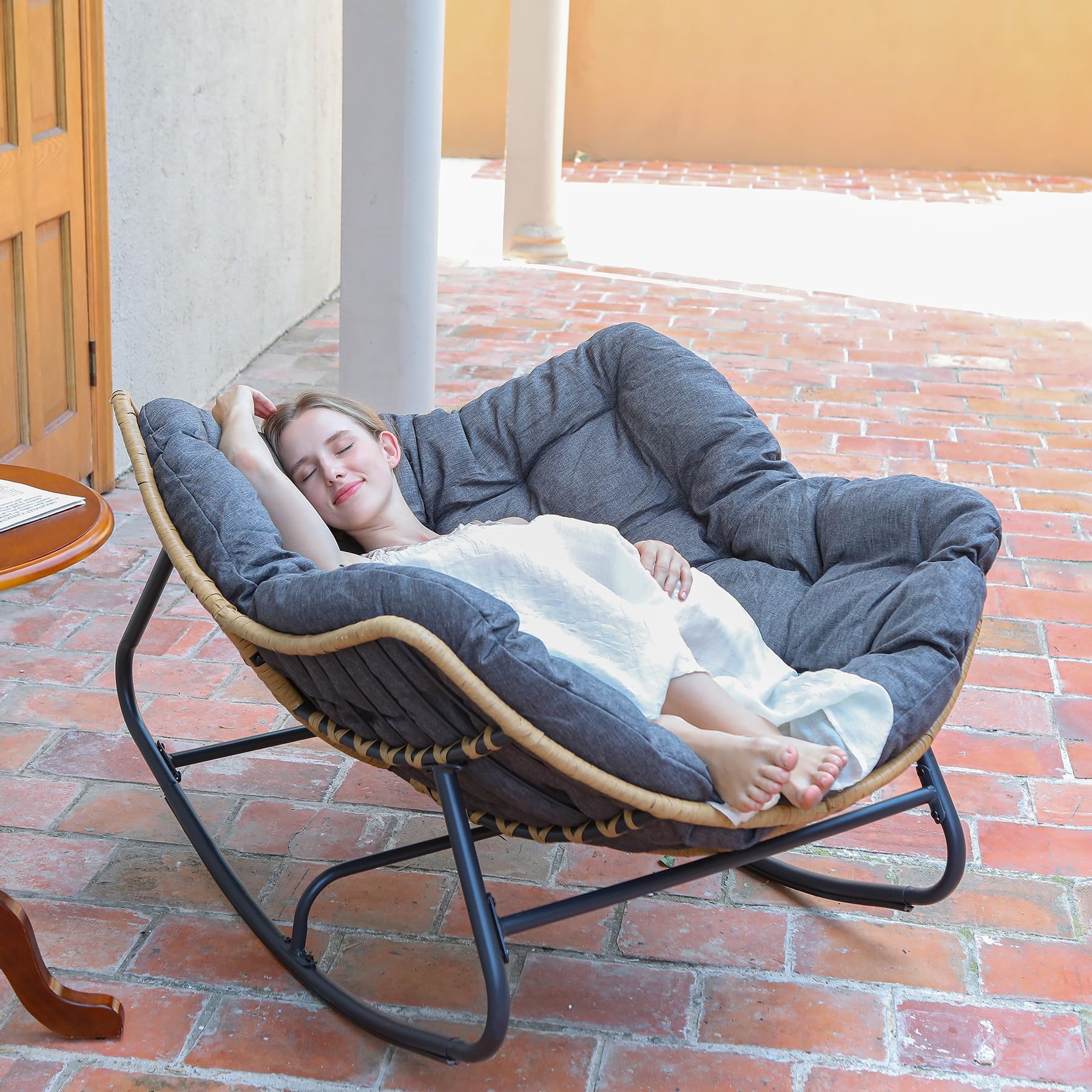 SWITTE Modern Outdoor Rocking Chair - Patio Egg Rocking Chair with Rattan Wicker Design - Indoor Papasan Lounge Chair for Bedroom, Living Room, Porch, Garden & Lawn - Dark Grey - Perfect for Relaxing, Reading & Sunbathing