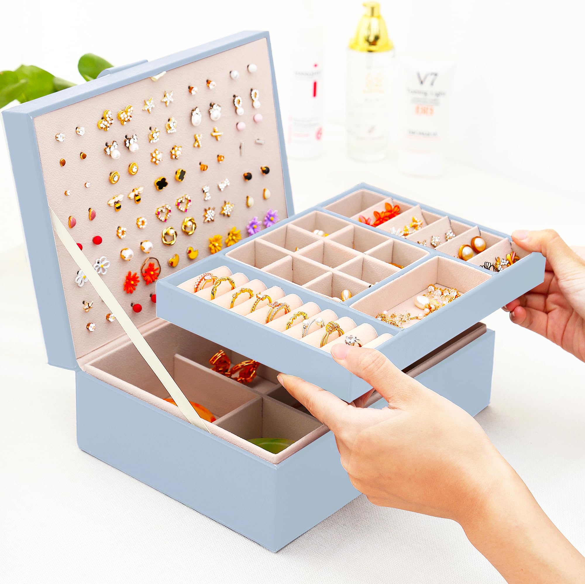 **Blue Jewelry Box Organizer for Girls - Earring Holder, Necklace & Ring Storage - Perfect for Teen Bedroom, Travel & Gift Giving**