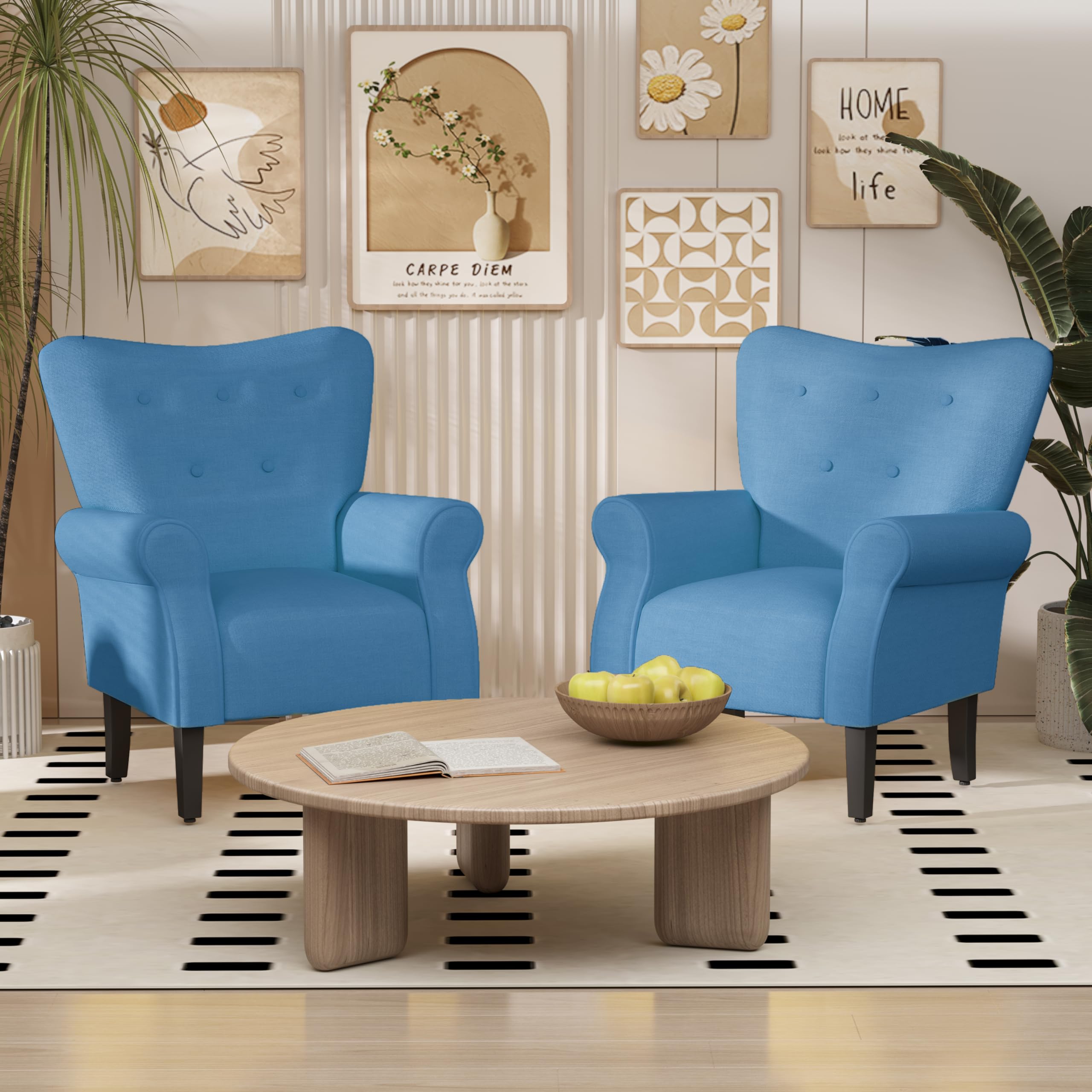 MELLCOM Mid Century Modern Wingback Arm Chair - Upholstered Fabric High Back Accent Chair with Wooden Legs, Single Sofa Club Chair for Living Room, Bedroom & Home Office - Blue | Perfect for Reading Nooks, Cozy Corners & Contemporary Decor