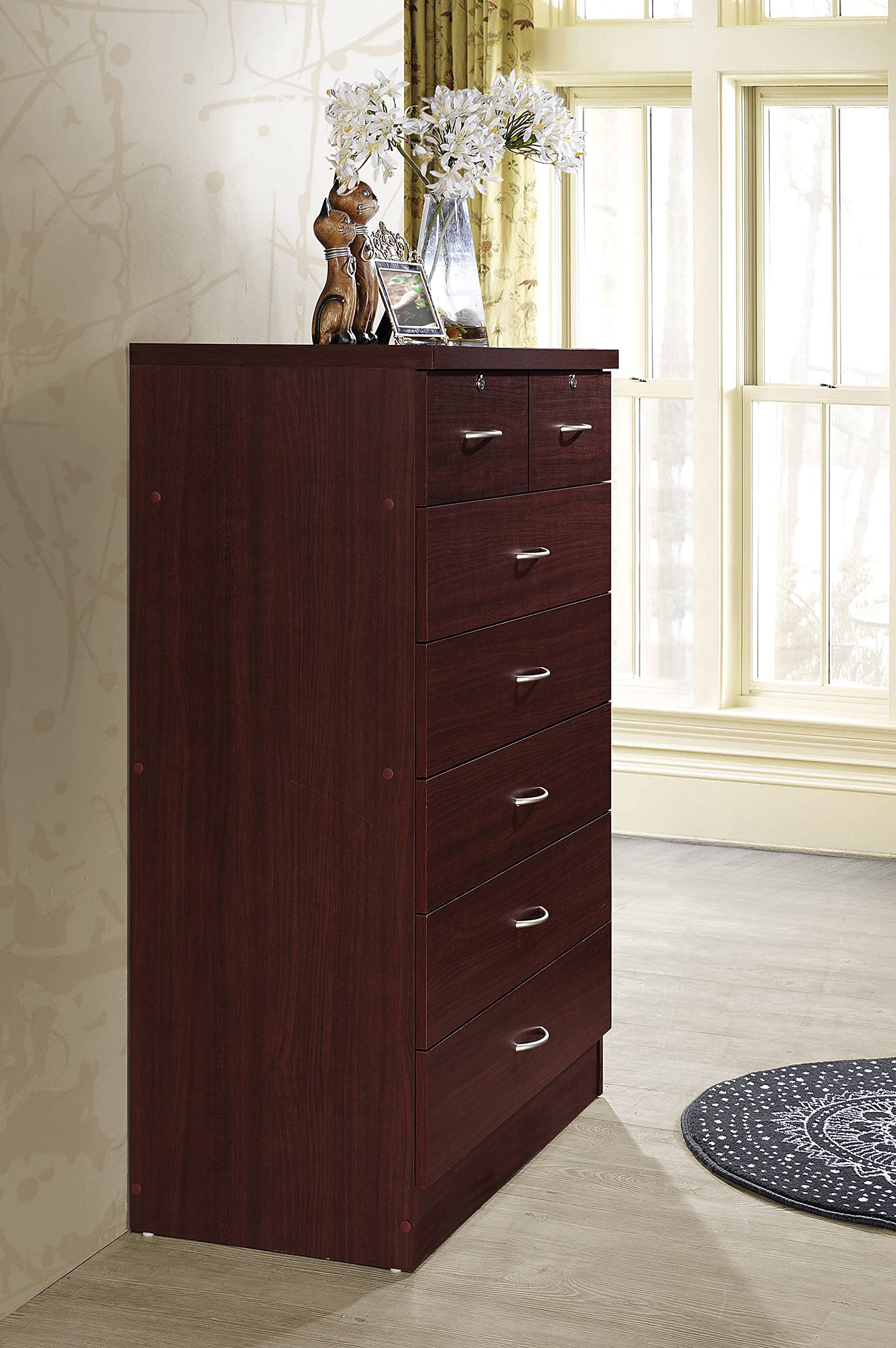 HODEDAH 7-Drawer Wooden Dresser for Bedroom - 31.5 Inch Wide Chest of Drawers with 2 Locking Top Drawers - Mahogany Storage Organizer for Clothes, Bedroom Furniture - Perfect for Master Bedroom, Guest Room & Dorm Organization