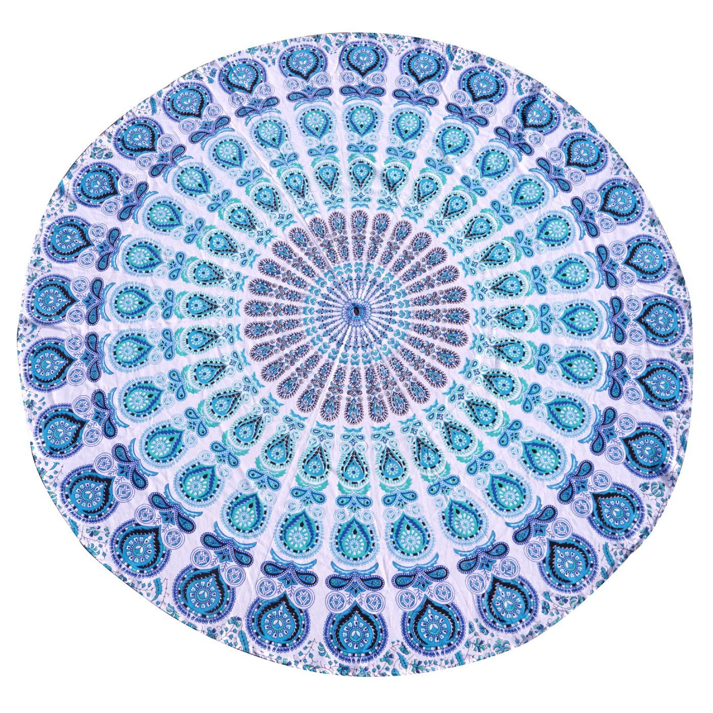 Blue Turquoise Cotton Mandala Round Tapestry - Indian Boho Beach Throw, Yoga Mat, Picnic Blanket & Table Cover for Hippie Decor, Meditation & Outdoor Gatherings