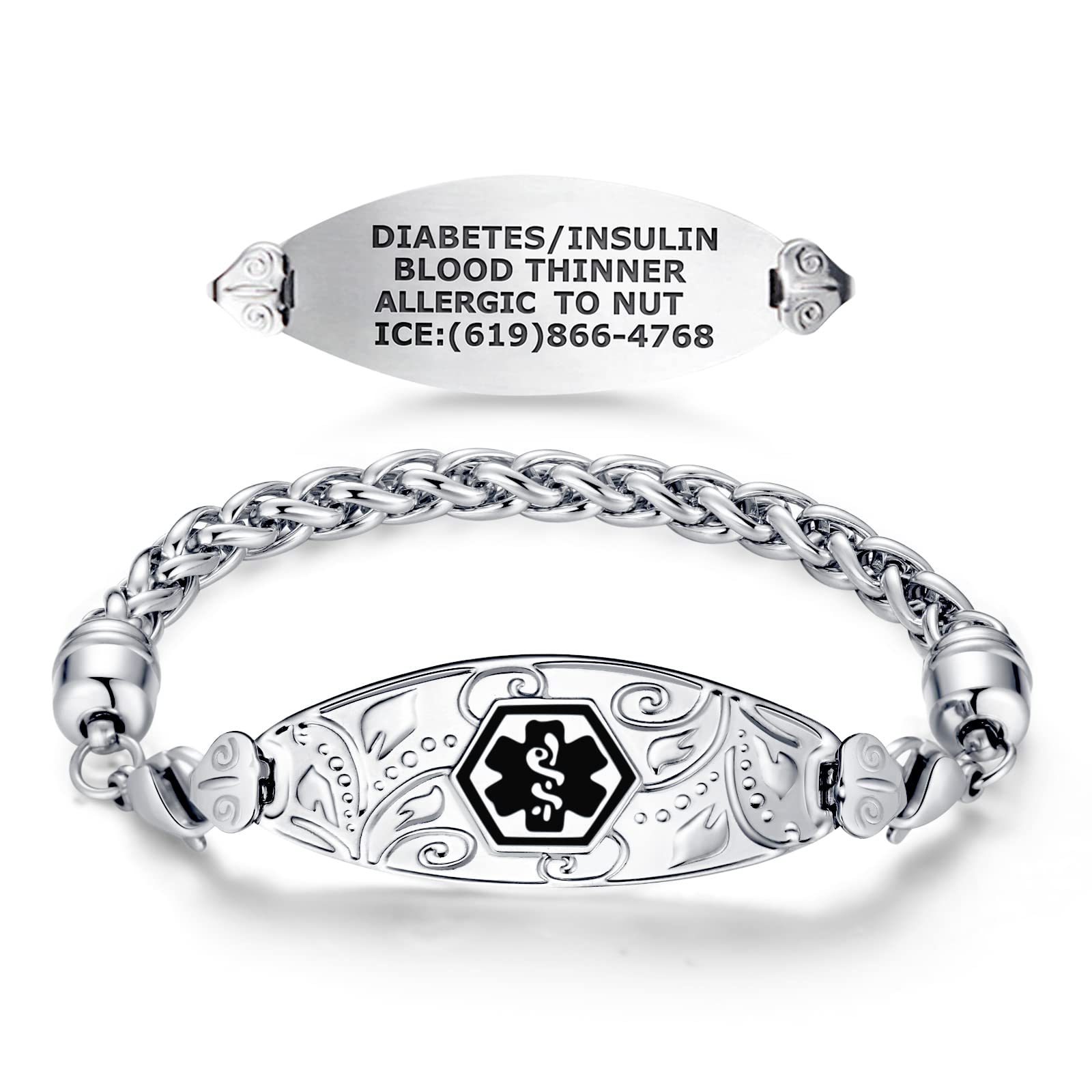 Divoti Custom Engraved Medical Alert Bracelets for Women - Stainless Steel Medical ID Bracelet with Free Engraving - Elegant Filigree Wheat Design - Perfect for Allergies, Diabetes & Emergency Identification - Adjustable Sizes & Colors Available