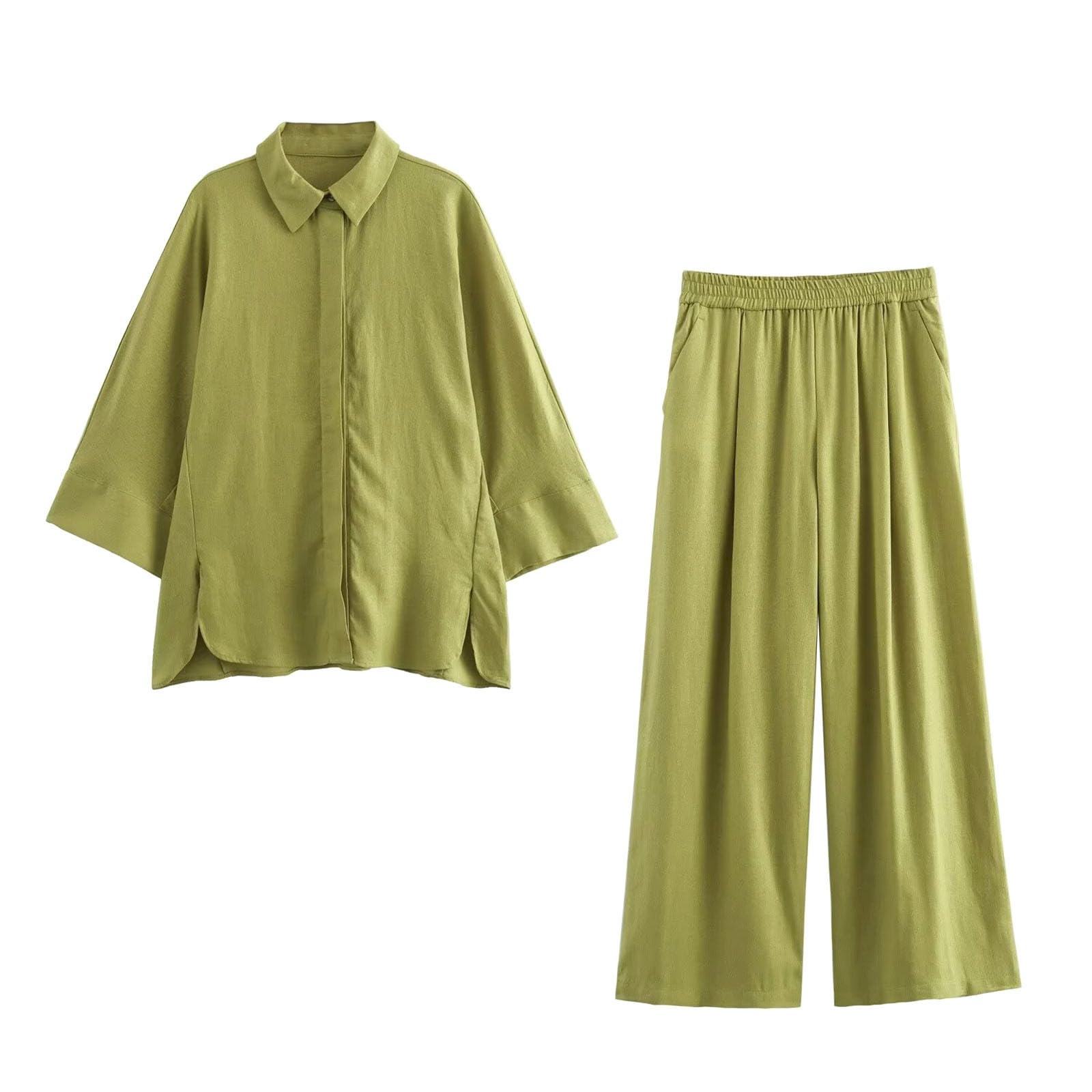 **Women's 2-Piece Oversized Linen Lounge Set - Drop Shoulder Shirt & Wide Leg Pants | Casual Loose Tracksuit for Summer, Travel & Home Relaxation**