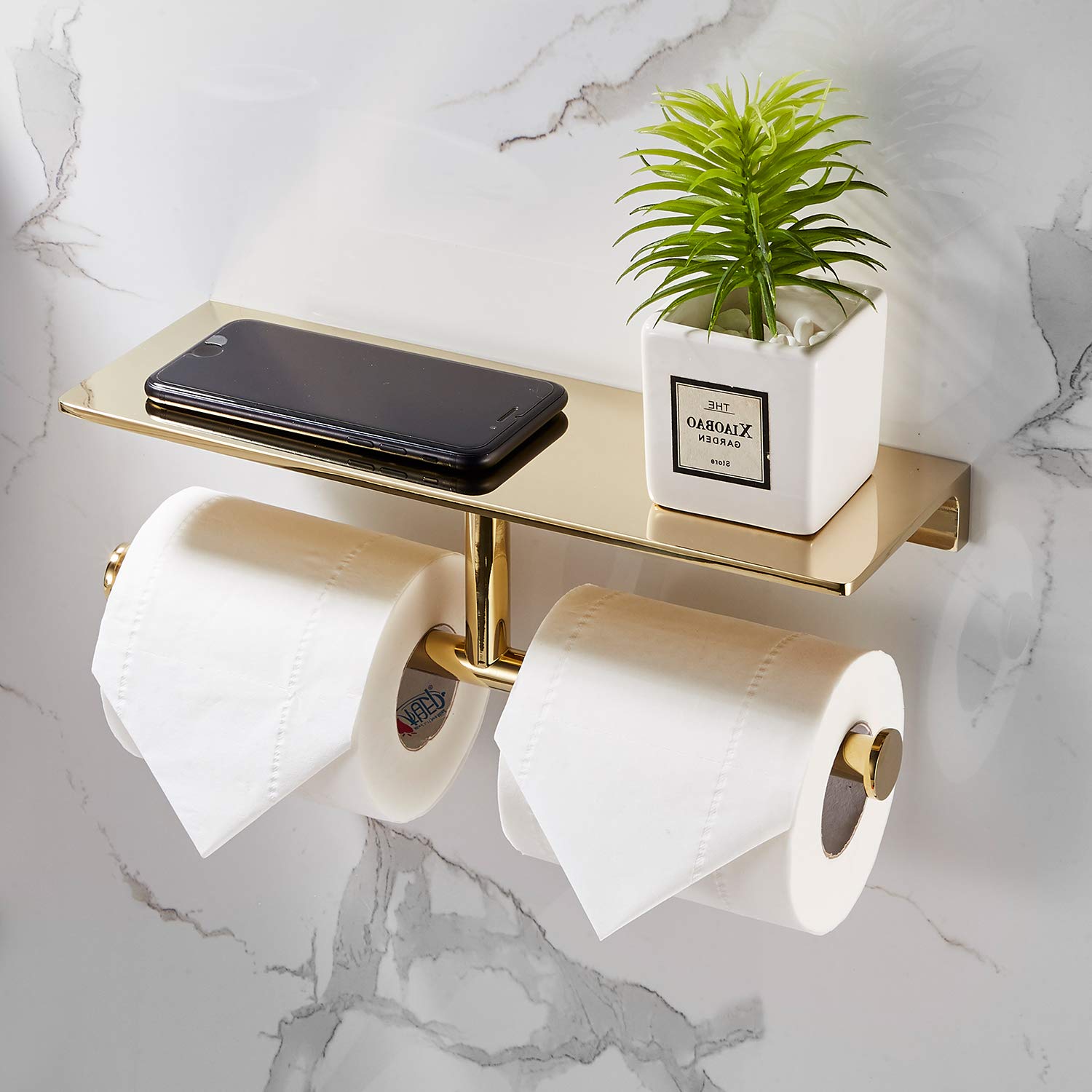 Double Roll Toilet Paper Holder with Shelf - Solid Brass Hotel Style Tissue Dispenser with Storage - Polished Gold Finish for Bathroom & Luxury Restrooms