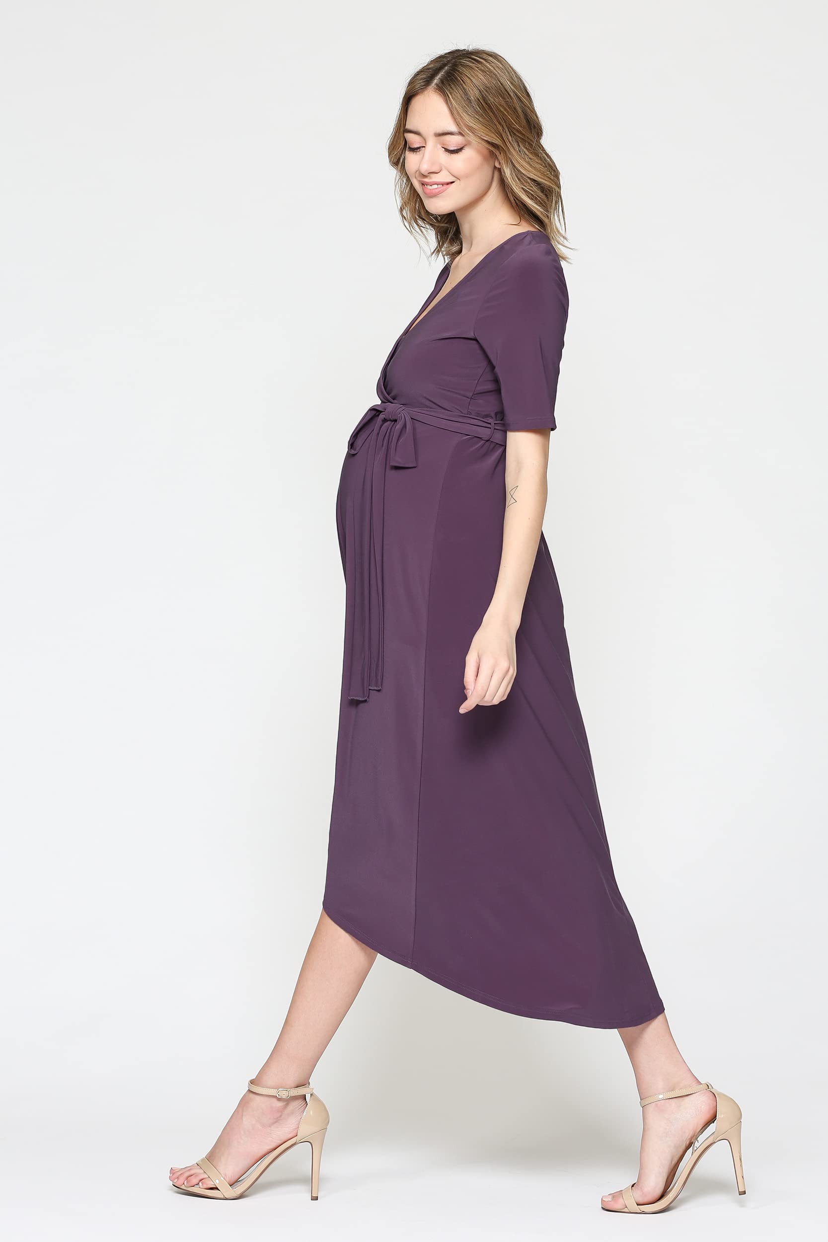 Maternity Wrap Dress for Women - Stretchy Midi Length with Adjustable Waist Belt | Perfect for Pregnancy, Nursing & Postpartum Comfort | Office, Party & Everyday Wear