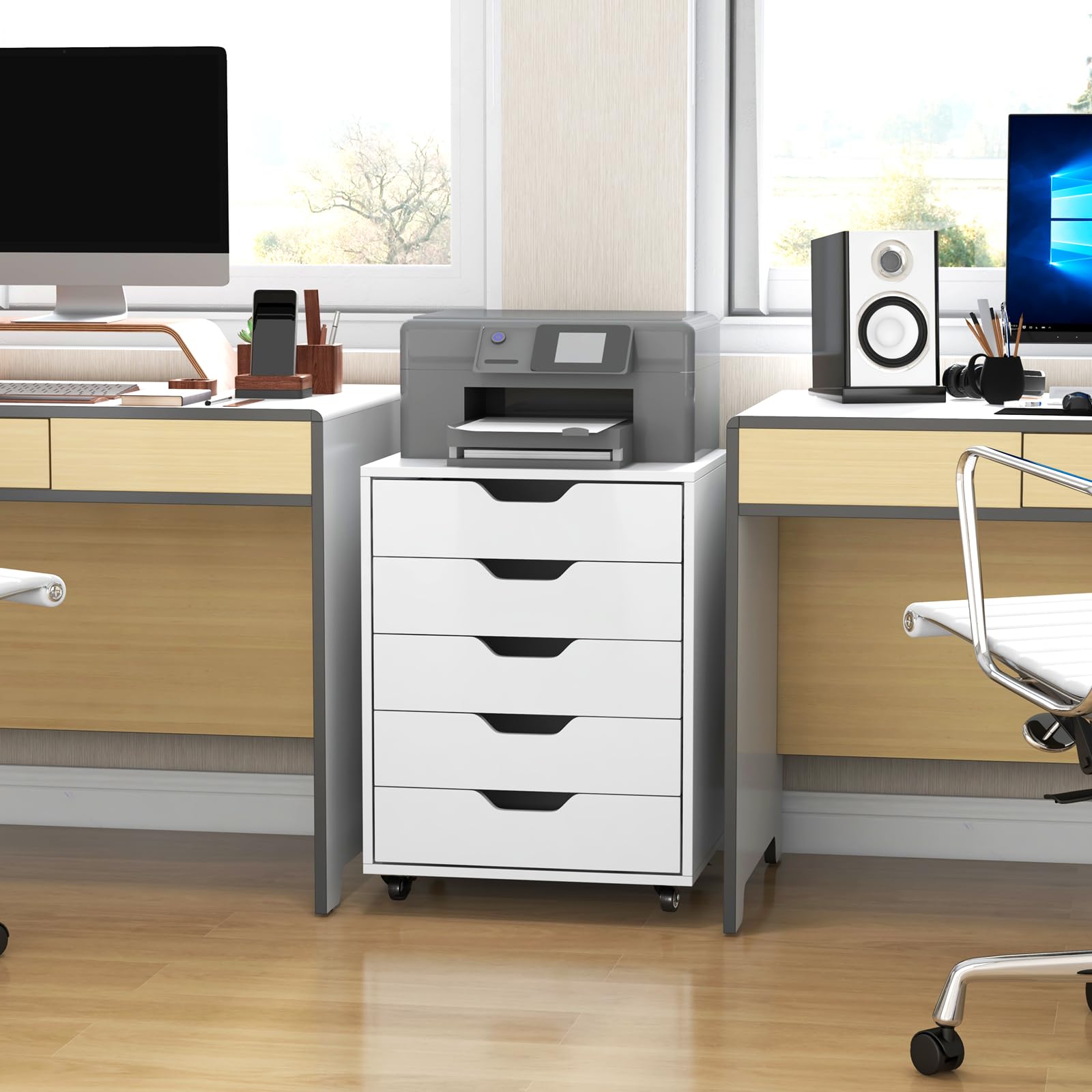 5-Drawer Mobile File Cabinet with Universal Wheels - White Office Storage Cabinet, Vertical Printer Stand & Rolling Storage Organizer for Home & Office Use - Perfect for Documents, Supplies & Workspace Organization