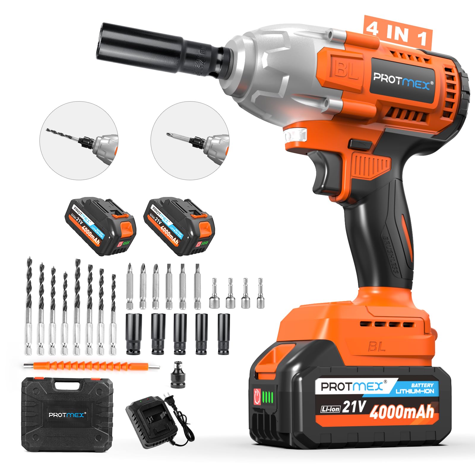 21V Cordless Impact Wrench with 2x 4.0Ah Battery - 665Ft-Ibs (900N.m) Torque, 1/2