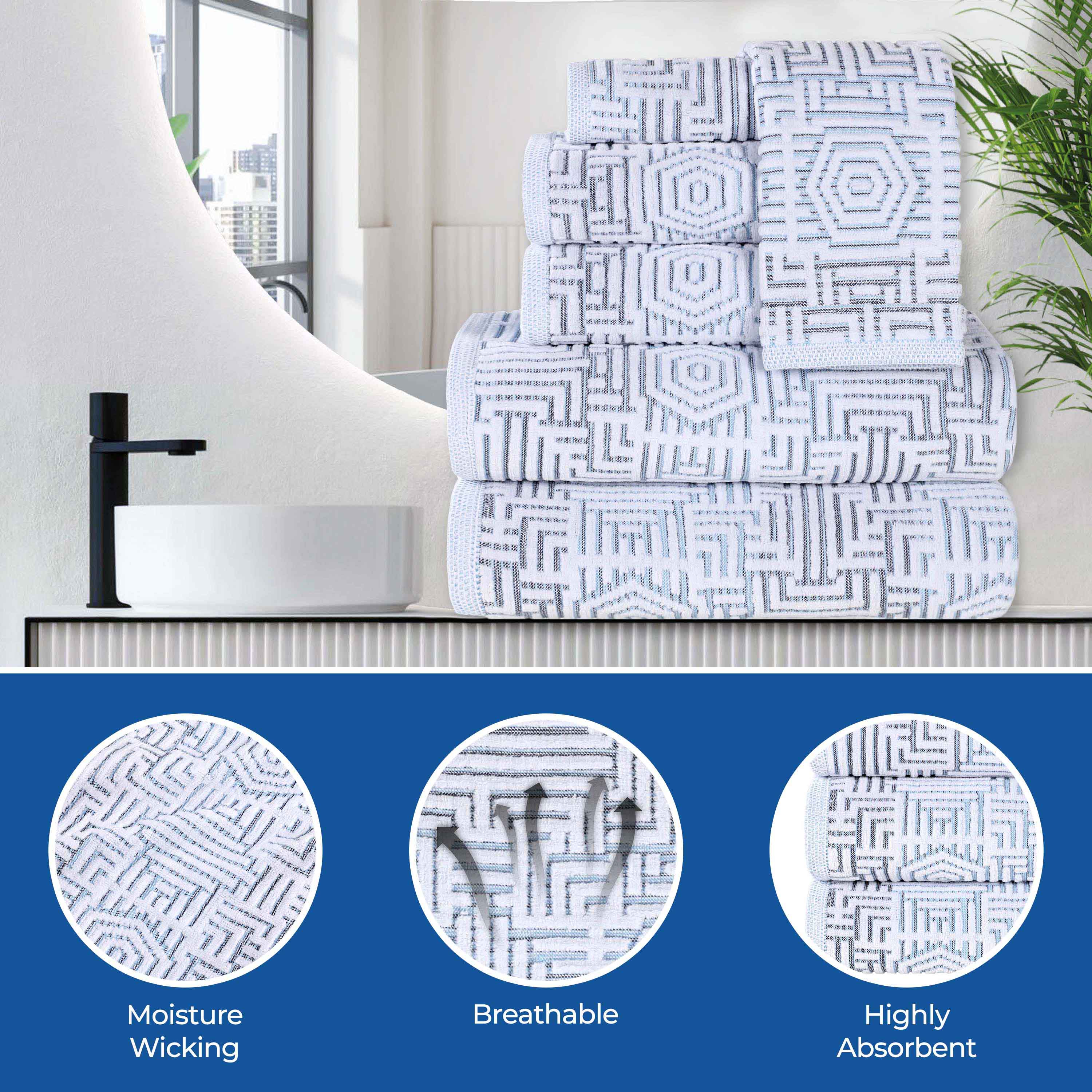 Premium Cotton Modern Geometric Jacquard Plush Face Towel Washcloth Set of 12 - Soft Bath & Spa Essentials for Gentle Skin Care & Luxury Home Decor