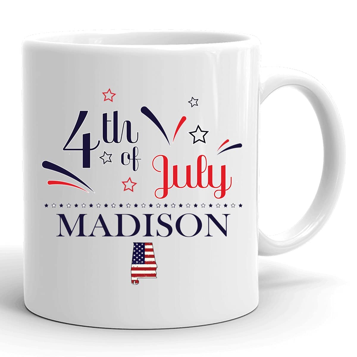Personalized 11oz White Coffee Mug - Custom USA Flag Design with Any City & State - Happy 4th of July Gift for Madison Alabama - Perfect for Independence Day Celebrations, Office Use & Holiday Gifting