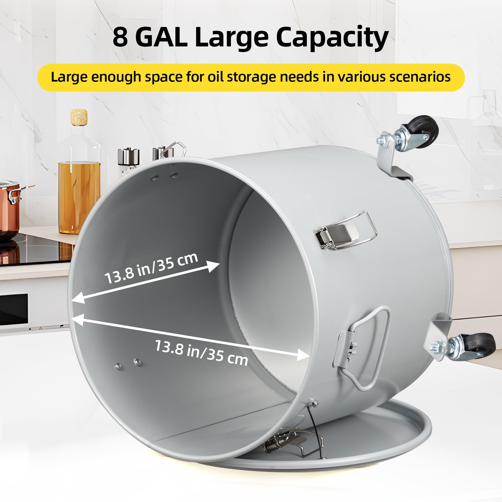 8 Gallon Fryer Grease Bucket - Coated Carbon Steel Oil Filter Pot with Caster Wheels, Lid Lock Clip & Nylon Filter Bag - Safe Oil Disposal & Transport Container for Restaurants, Food Trucks & Commercial Kitchens