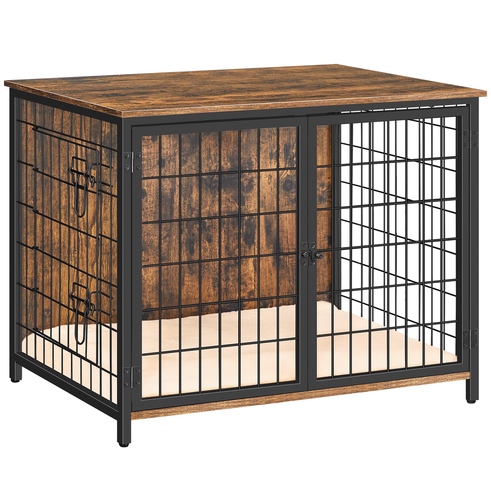 Sturdy Wooden Dog Crate Furniture with Plush Cushion - Double Door Design for Small, Medium & Large Dogs - Heavy Duty Indoor Dog Kennel & End Table (31.5
