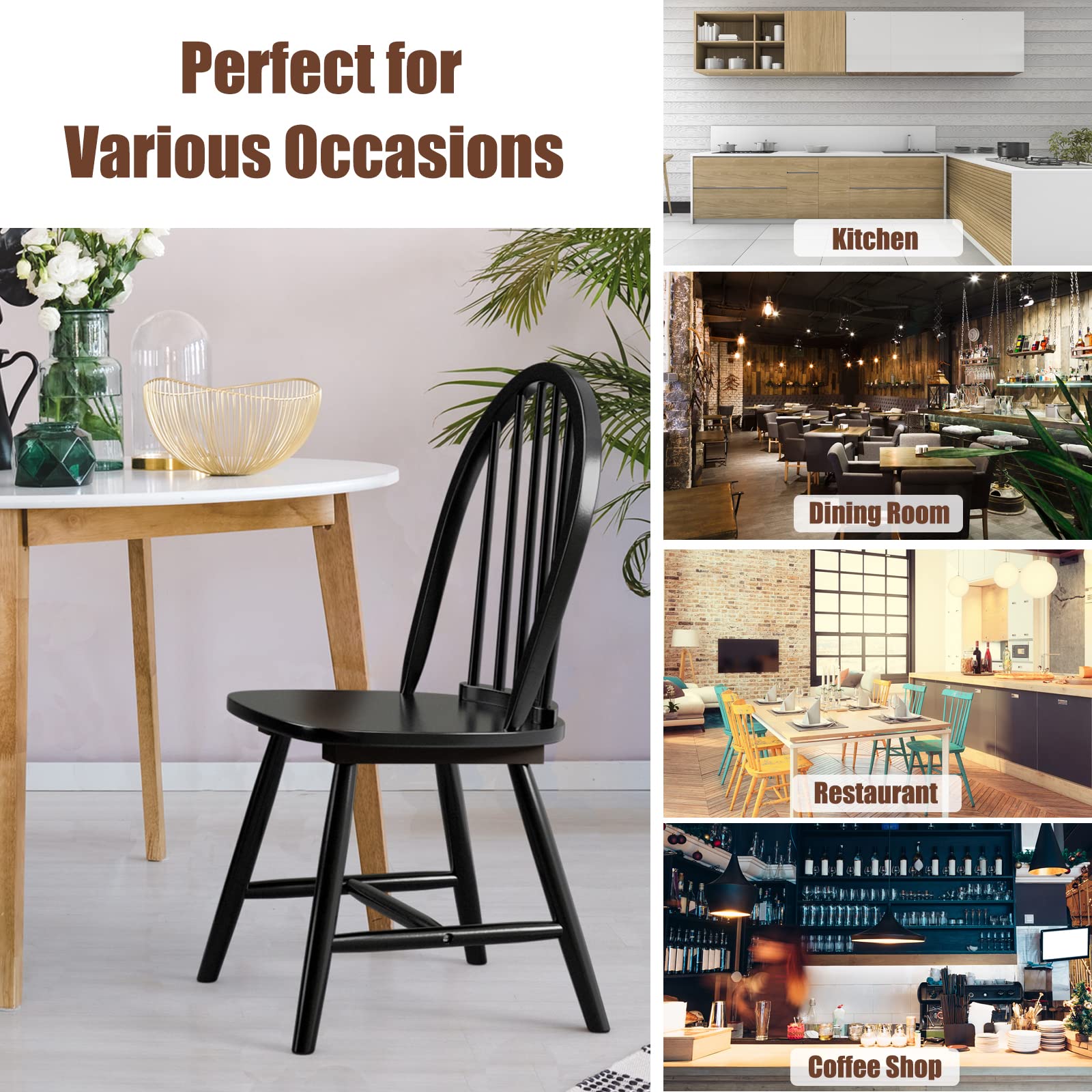 KOTEK Set of 2 Windsor Dining Chairs - Solid Wood Spindle Back Chairs with Wide Seat, Farmhouse Style Armless Side Chairs for Kitchen, Dining Room & Living Room - Perfect for Family Gatherings & Home Decor (Black)