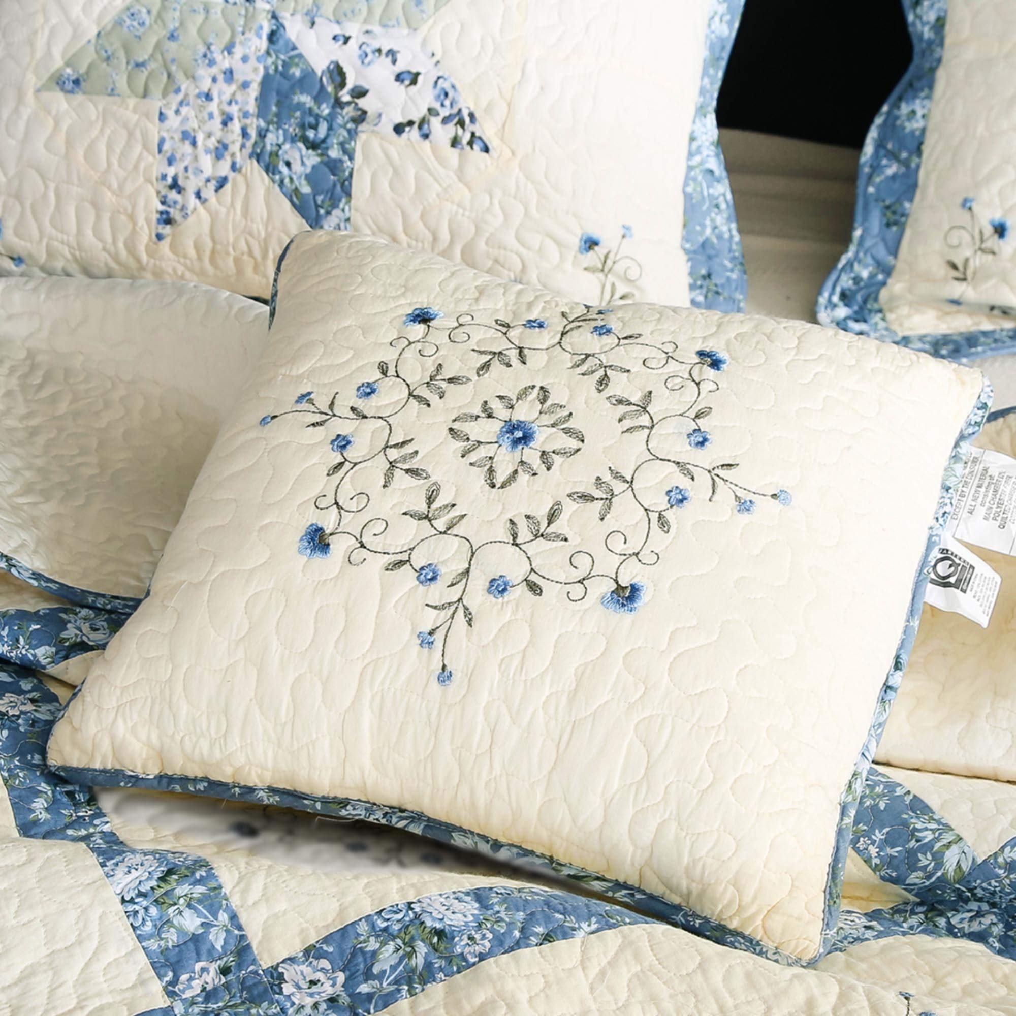 KASENTEX 100% Cotton Patchwork Embroidery Throw Pillow - 18x18 Inch Blue Decorative Cushion Cover | Machine Washable | Perfect for Sofa, Bed, Living Room & Home Decor