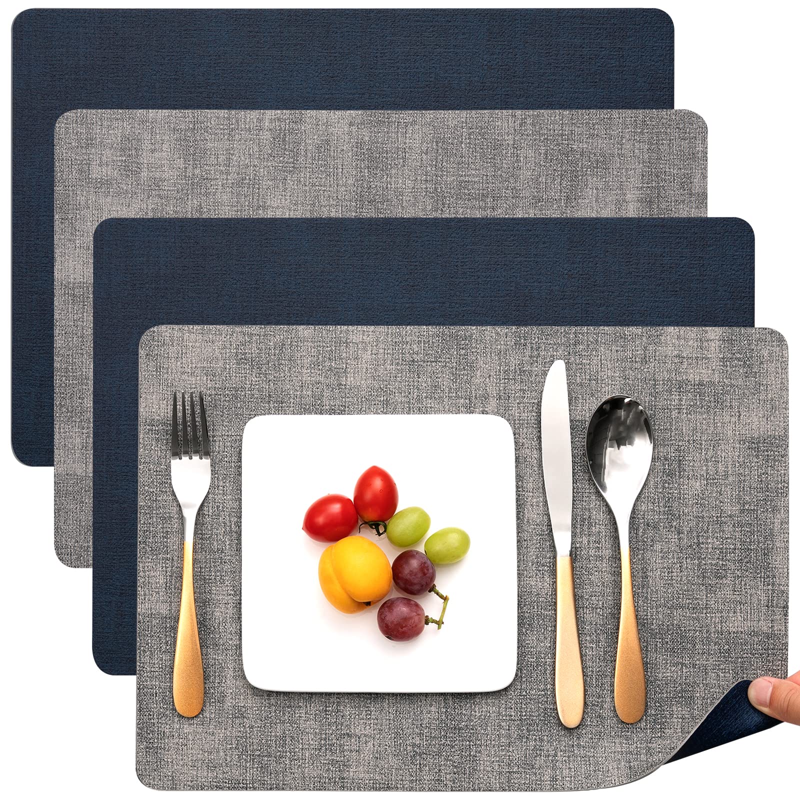 Premium Faux Leather Placemats Set of 4 - Dual Sided Non-Slip Washable Table Mats for Dining Table, Indoor & Outdoor Use - Rectangle Gray Blue Placemats for Everyday Meals, Dinner Parties, and Outdoor Picnics