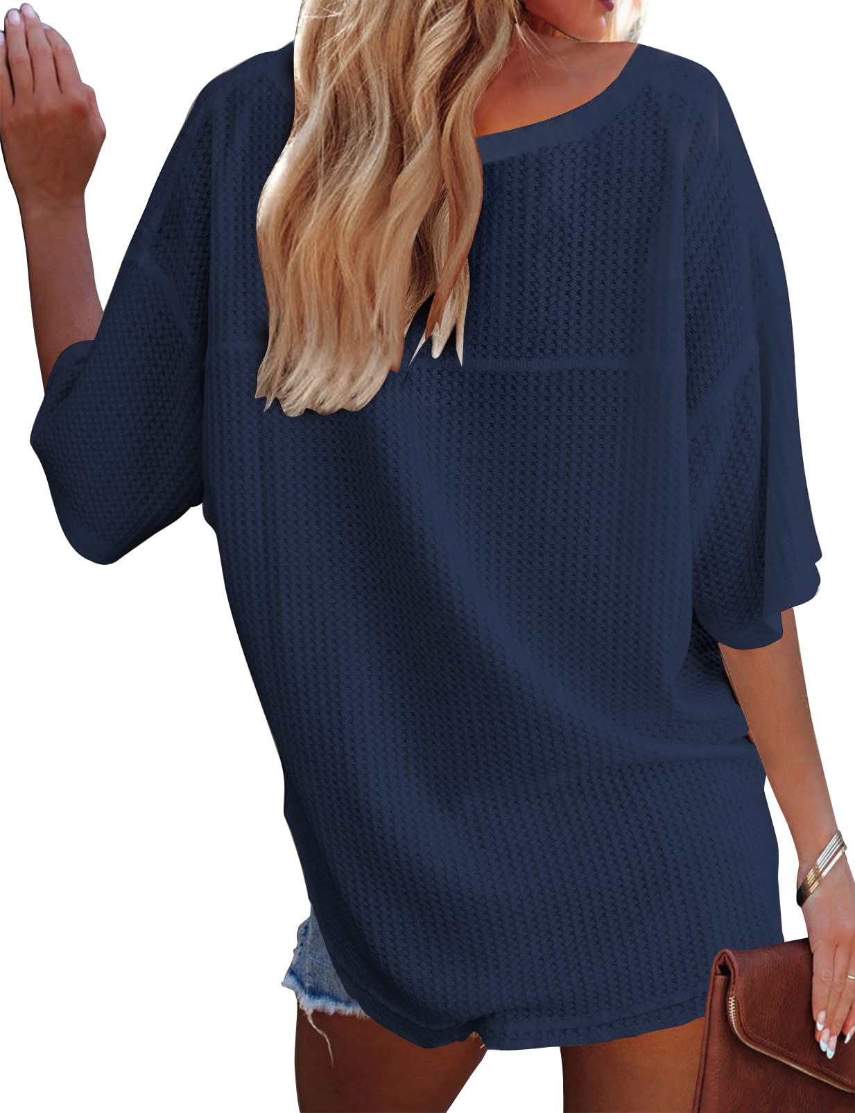 MEROKEETY Women's V-Neck Batwing Half Sleeve Waffle Knit Blouse - Loose Fit Solid Color Tops for Casual Wear, Office & Weekend Outings