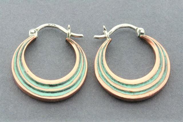 Handmade Copper & Patina Striped Basket Hoop Earrings with Sterling Silver - Perfect for Boho & Festival Fashion