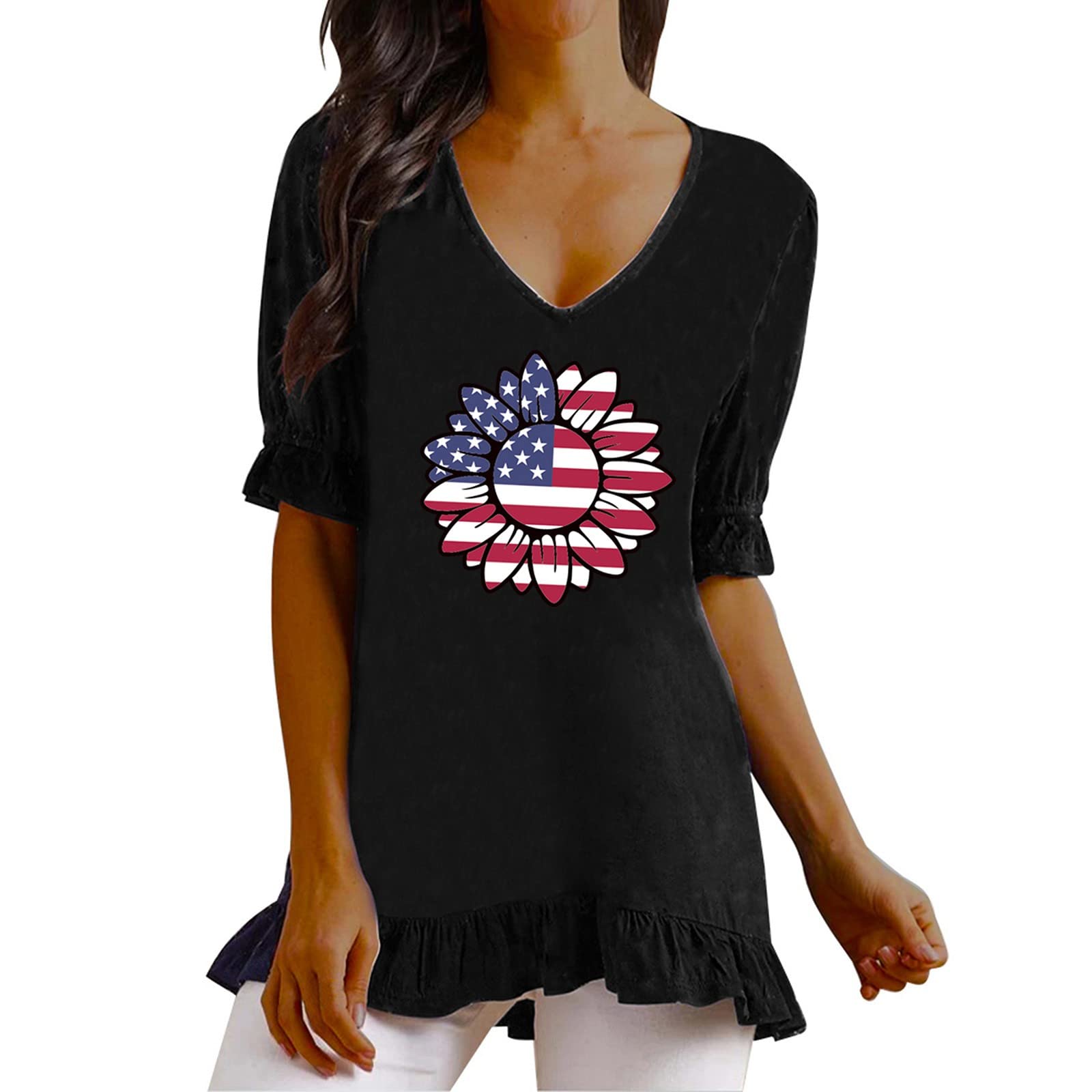 Women's Floral Printed Linen V-Neck T-Shirt - Ruffle Short Sleeve Summer Top for Independence Day & Casual Wear | Breathable White Blouse for Outdoor Events, Beach Vacations & Daily Fashion