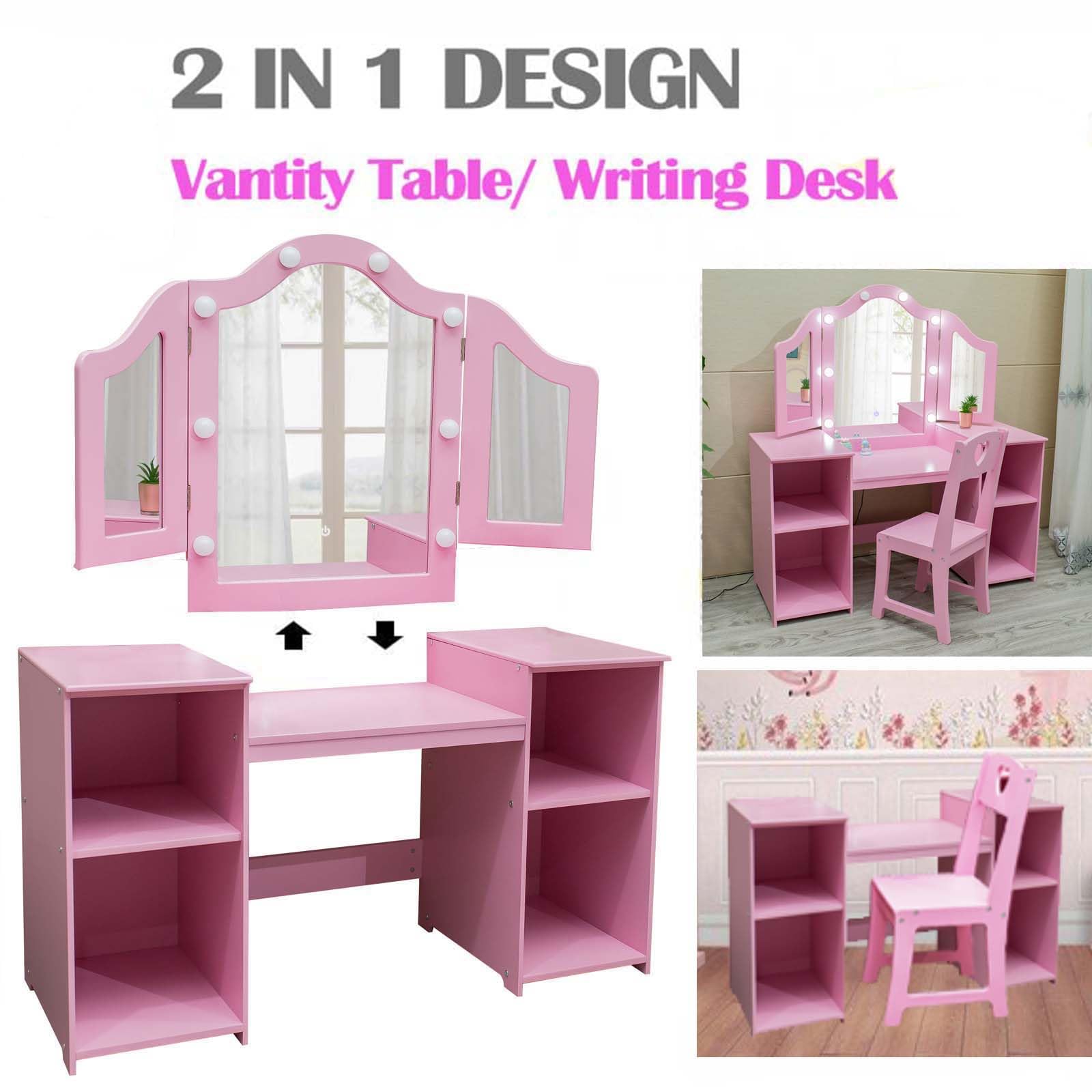 Princess Makeup Vanity Table for Girls - 2 in 1 Kids Wooden Dressing Table with Touch Light, Detachable Tri-Folding Mirror & Open Storage Shelves - Perfect for Bedroom Decor, Birthday Gifts & Pretend Play
