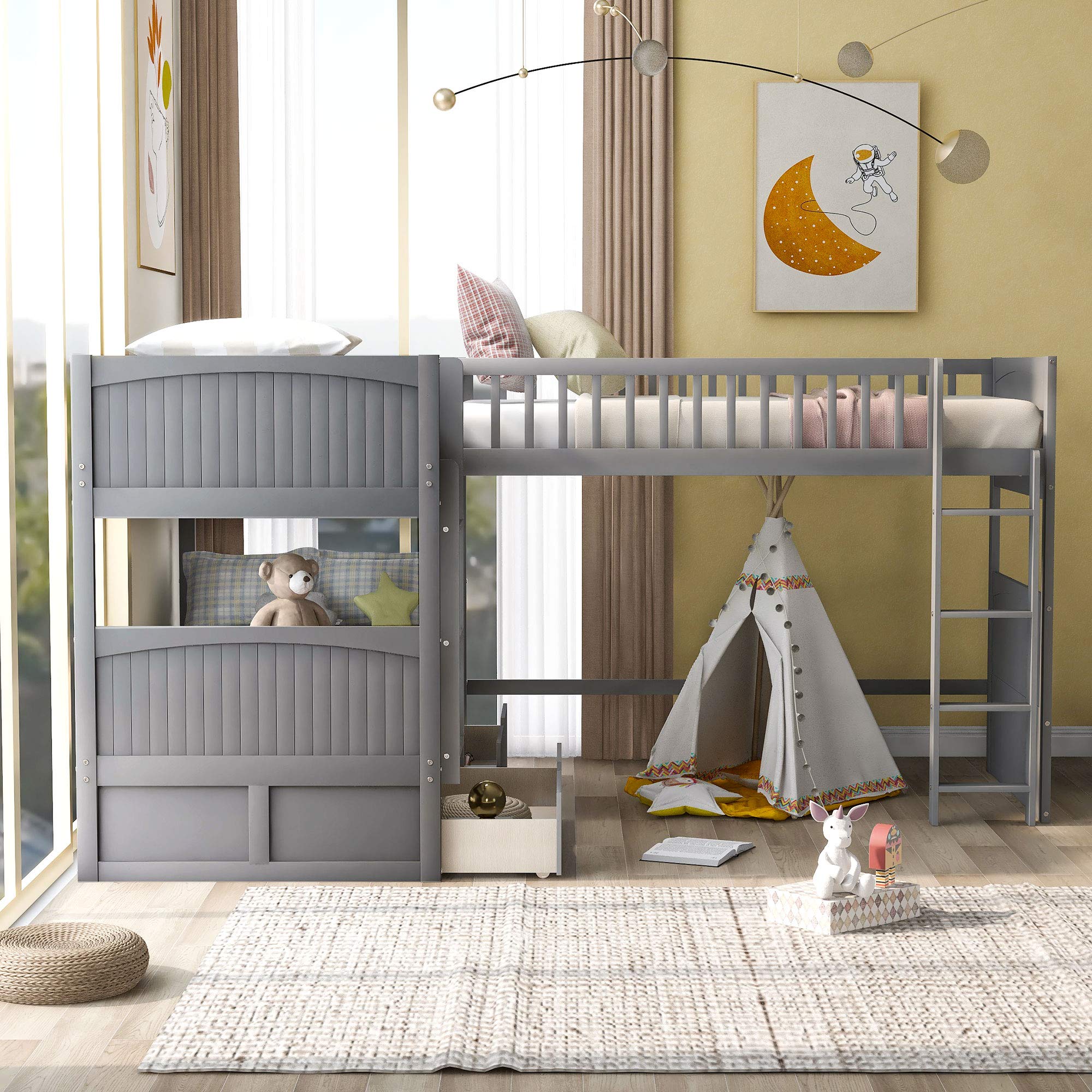 SOFTSEA Solid Wood L-Shaped Corner Bunk Bed for 3 Kids - Twin Over Twin Triple Bunk Bed with 2 Drawers & Loft Bed, Space-Saving Kids Bedroom Furniture (Gray) - Perfect for Small Rooms, Shared Kids Bedrooms & Vacation Homes