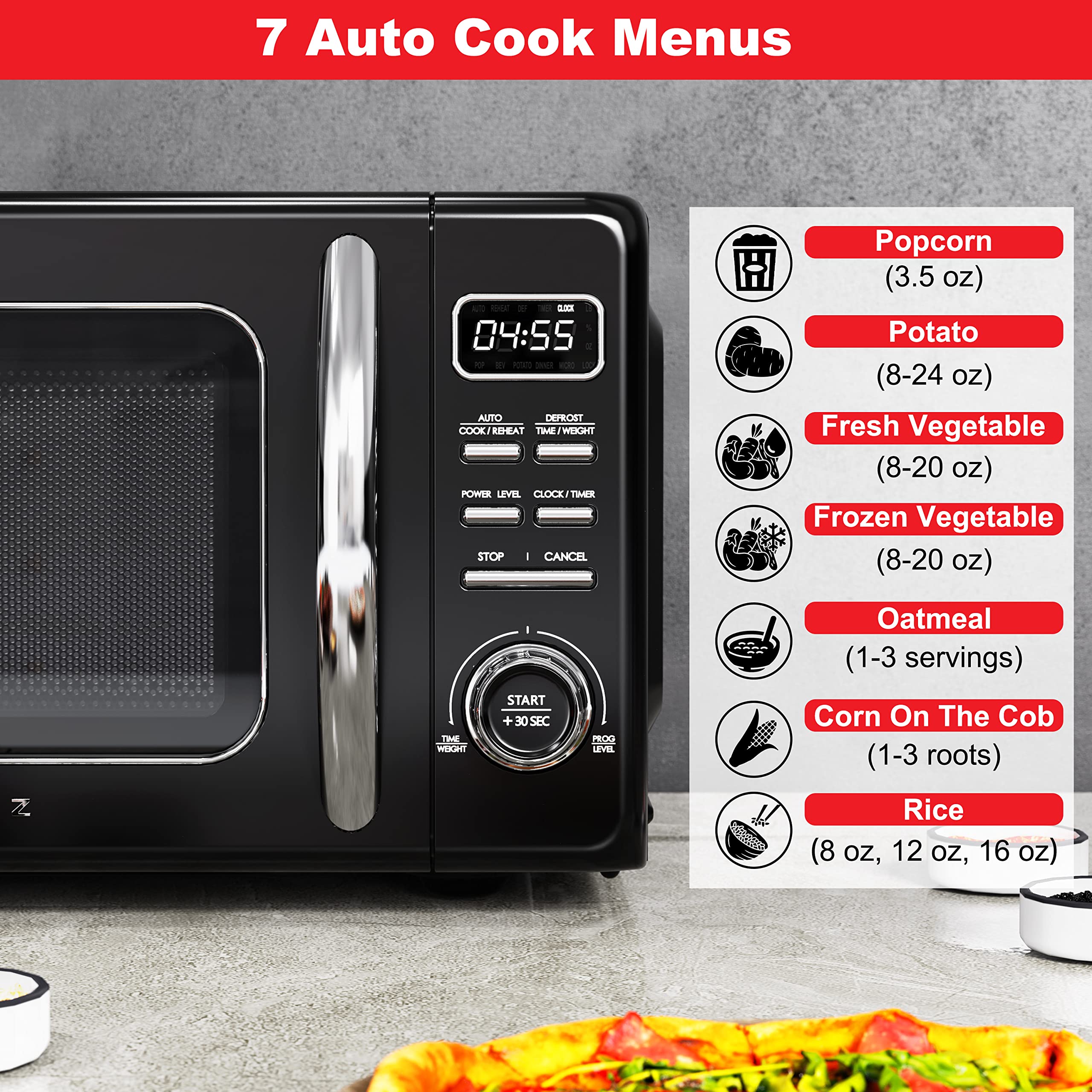Galanz GLCMKZ07BKR07 0.7 cu ft Retro Black Countertop Microwave Oven - Auto Cook, Reheat, Defrost & Quick Start Functions, Easy Clean Glass Turntable, Pull Handle - Perfect for Small Kitchens, Dorms & Office Break Rooms